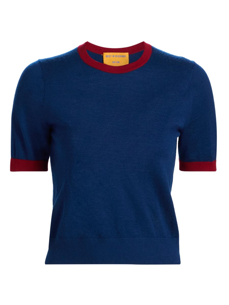 Guest In Residence Women's Airy Cashmere Knit Ringer T-shirt In Navy Carmine