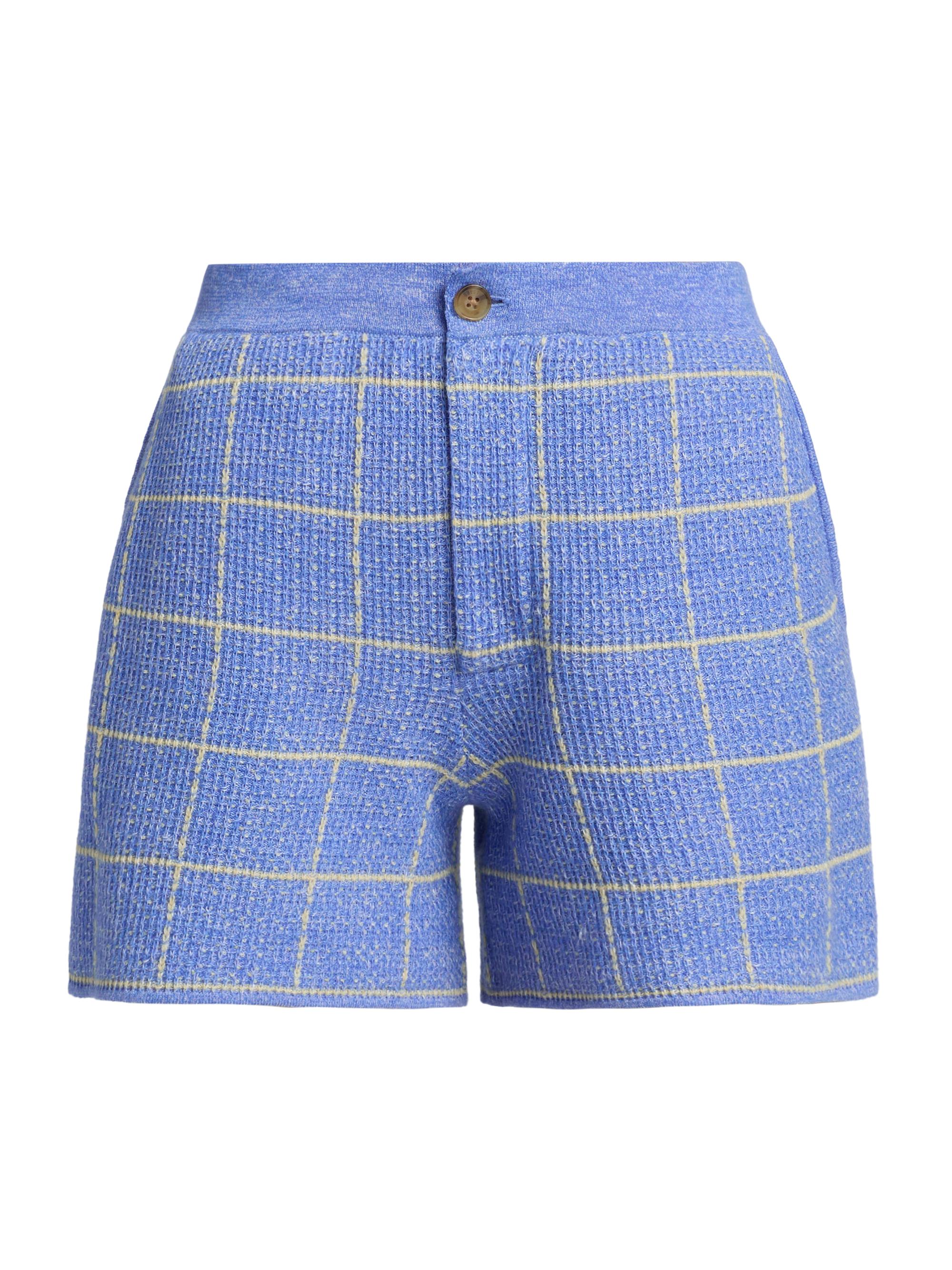 Guest in Residence Women's Windowpane Check Cashmere-Linen Shorts - Delft Blue Butter
