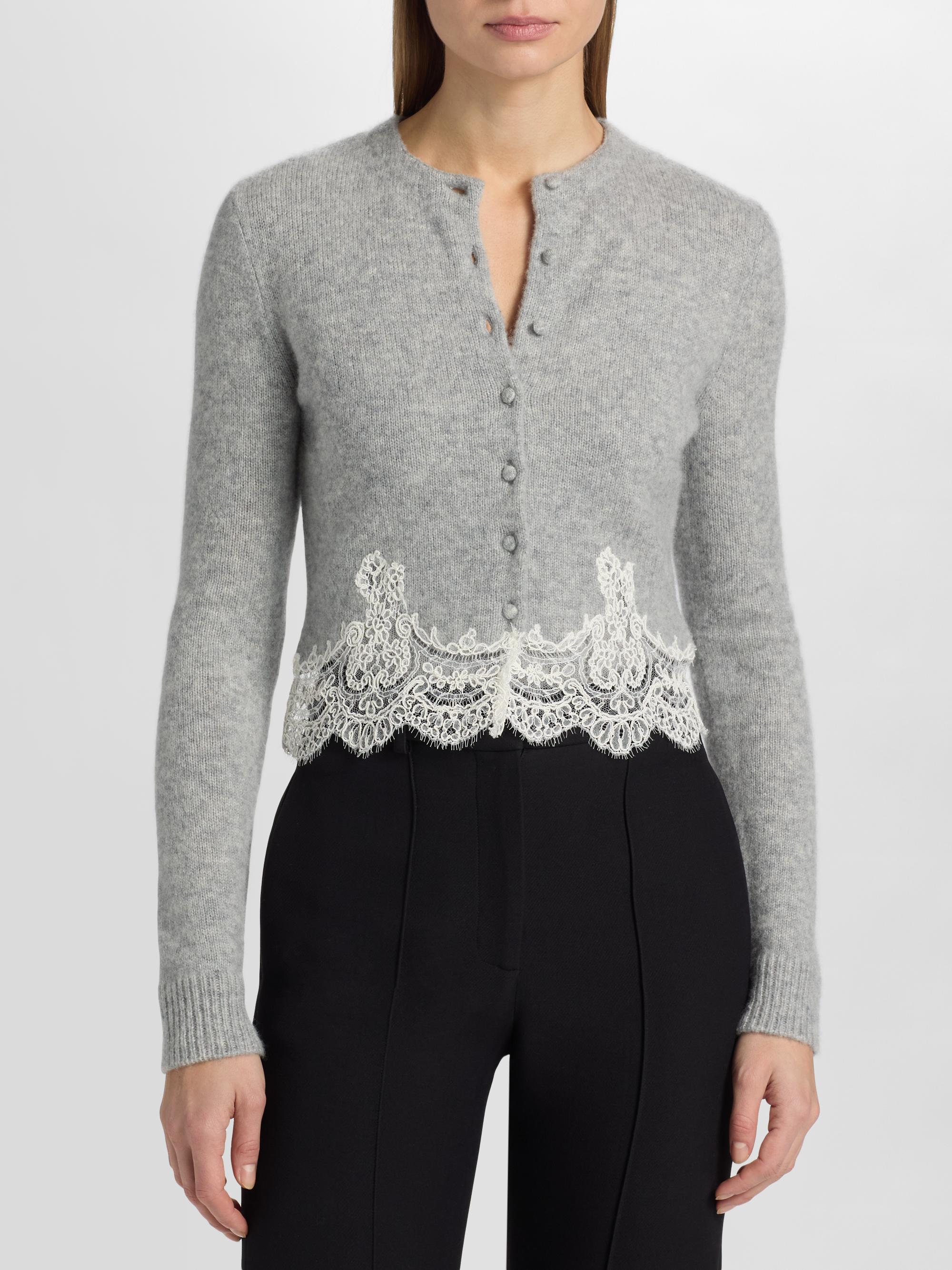 Adam Lippes Women's Briar Lace-Trim Cashmere Crop Cardigan - Heather Grey | Thumbnail 3