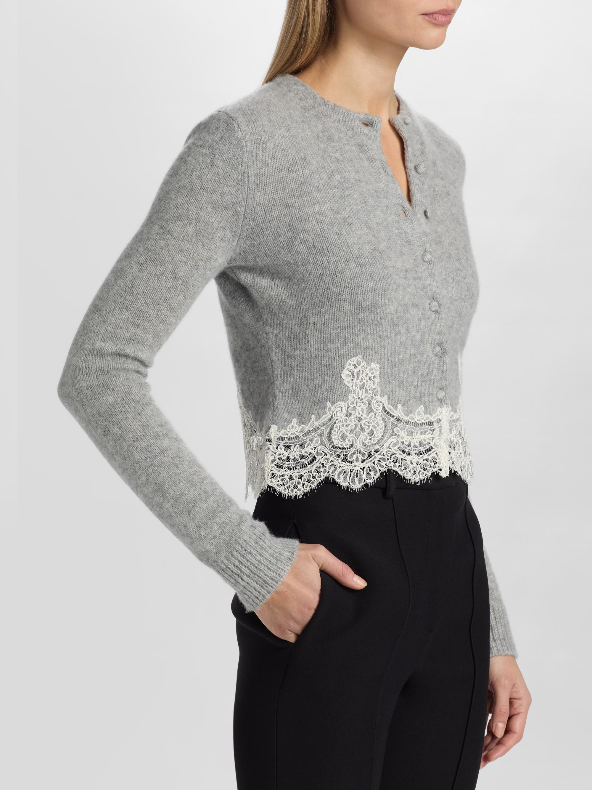 Adam Lippes Women's Briar Lace-Trim Cashmere Crop Cardigan - Heather Grey | Thumbnail 4