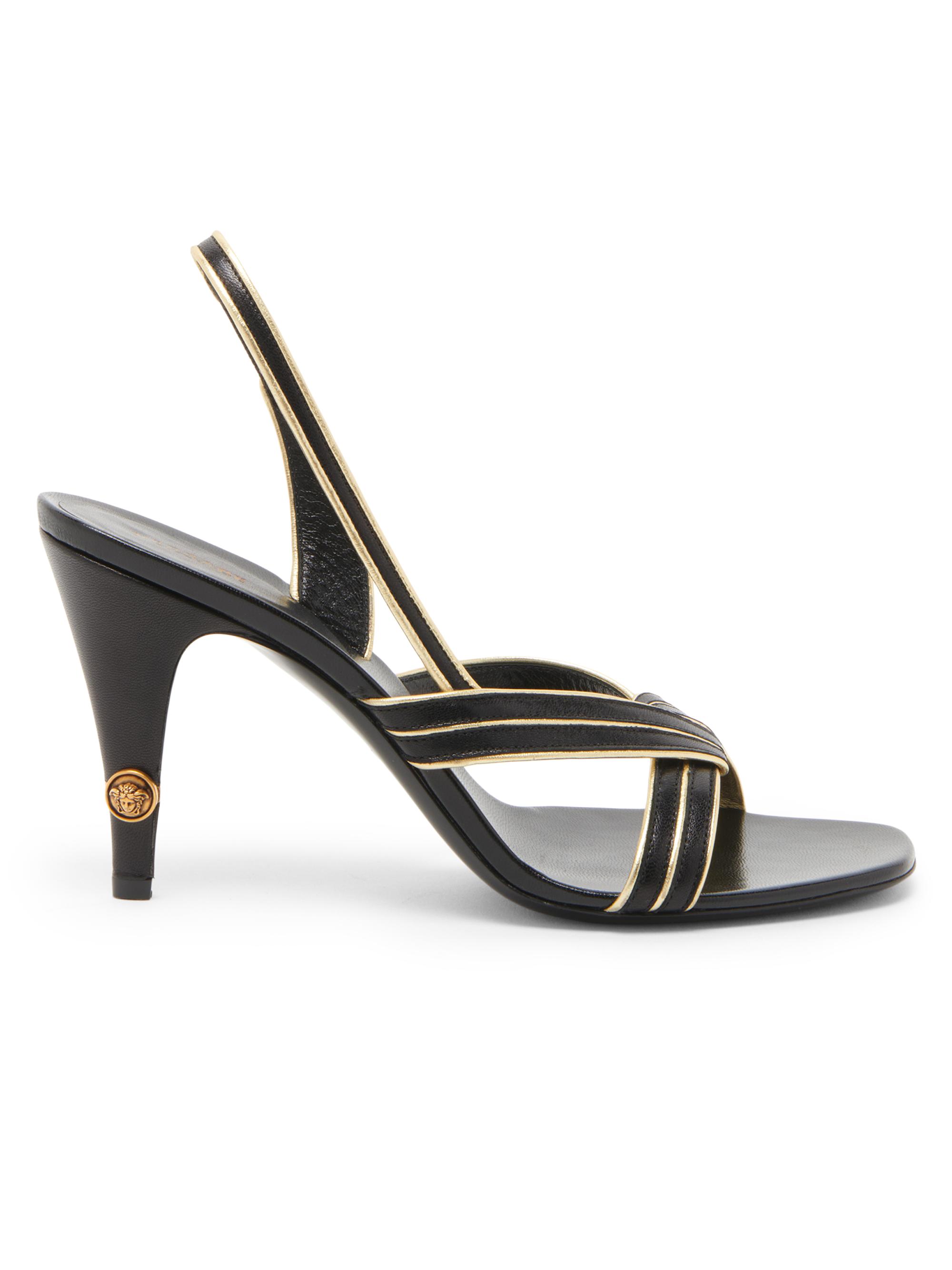 Versace Women's 90MM Metallic-Striped Leather Slingback Sandals - Black Gold