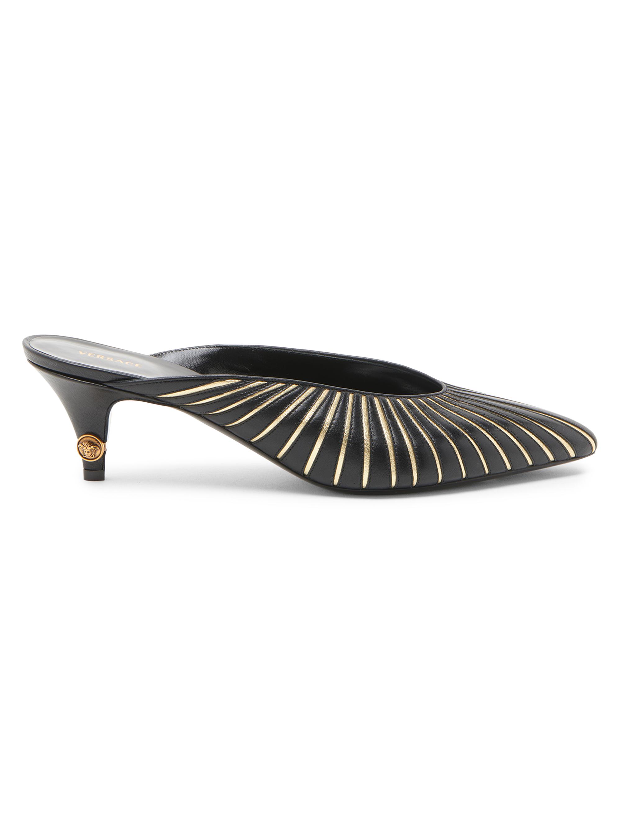 Versace Women's 55MM Metallic Striped Leather Mules - Black Gold | Thumbnail 6