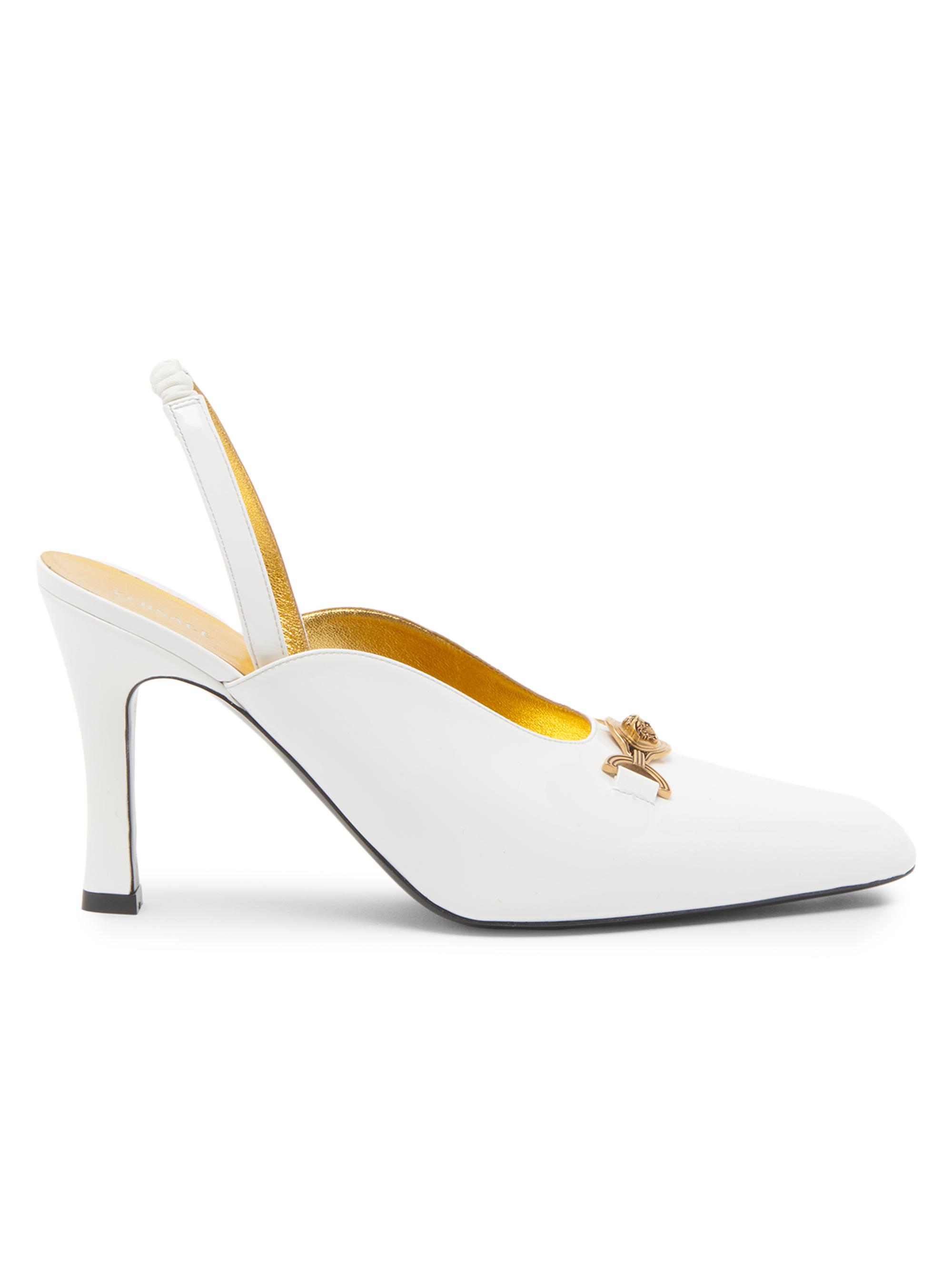 Versace Women's 90MM Medusa-Detail Leather Slingback Pumps - White Gold - Women's Clothing