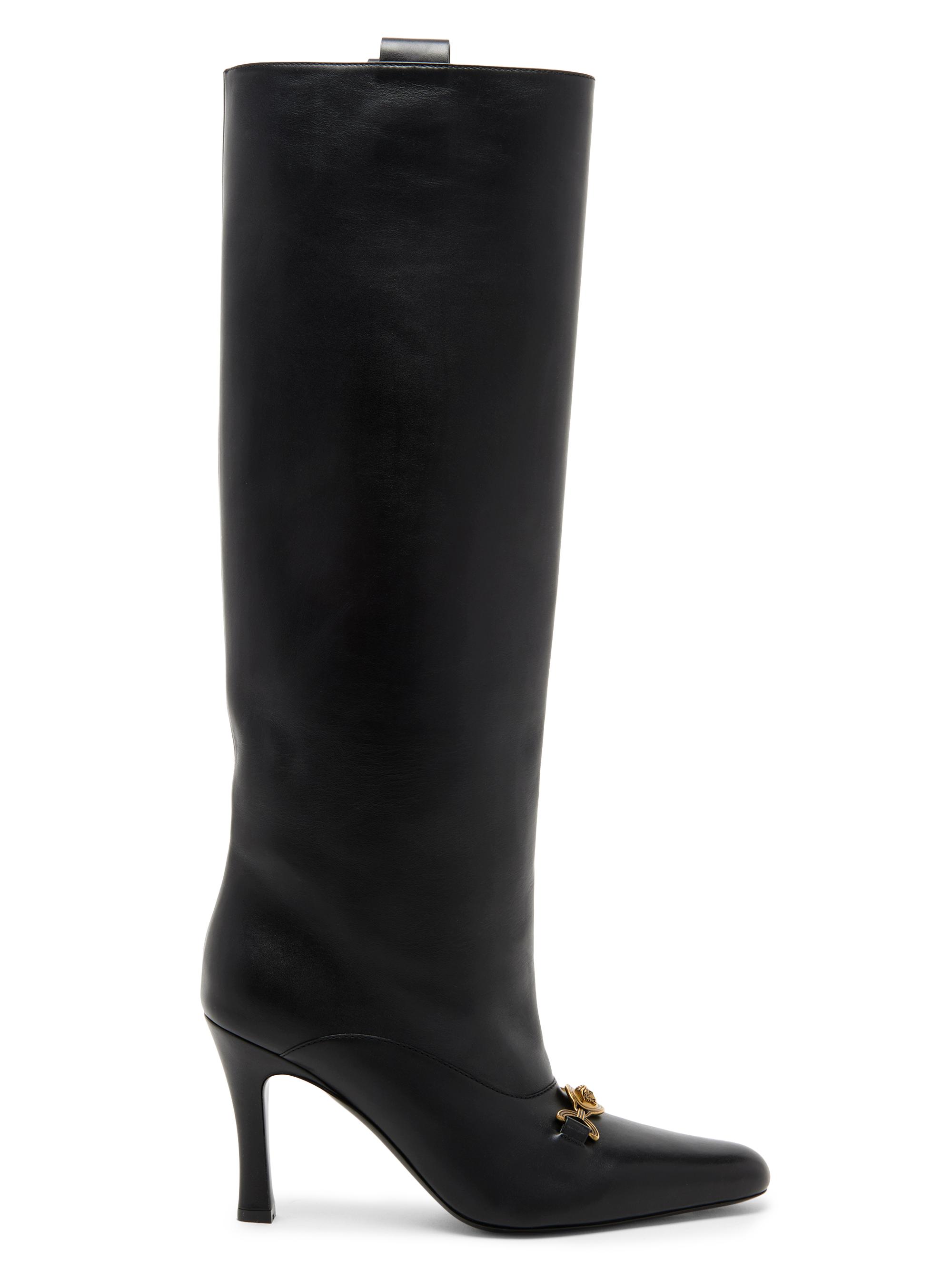 Versace Women's 90MM Medusa Leather Knee-High Boots - Black Gold | Thumbnail 7