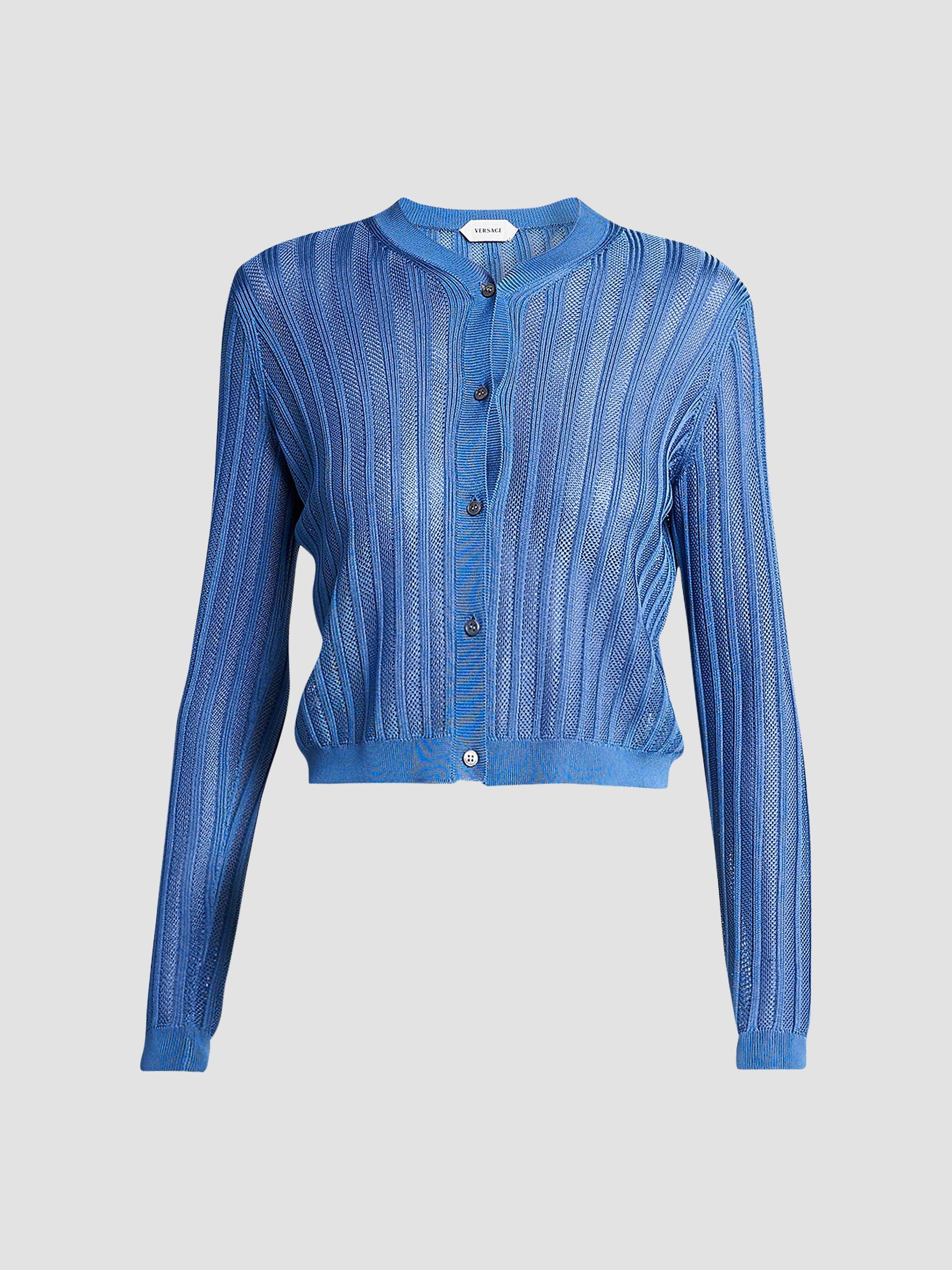 Versace Women's La Vacanza Mesh Rib-Knit Cardigan - Blue | Thumbnail 7