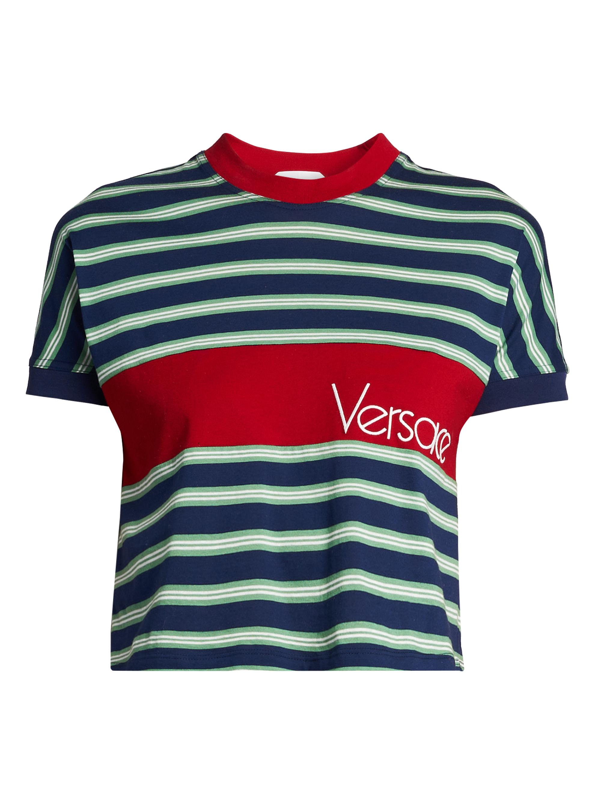 Versace Women's La Vacanza Vintage Logo Stripe Cotton T-Shirt - Ink Grass Green White - Women's Clothing