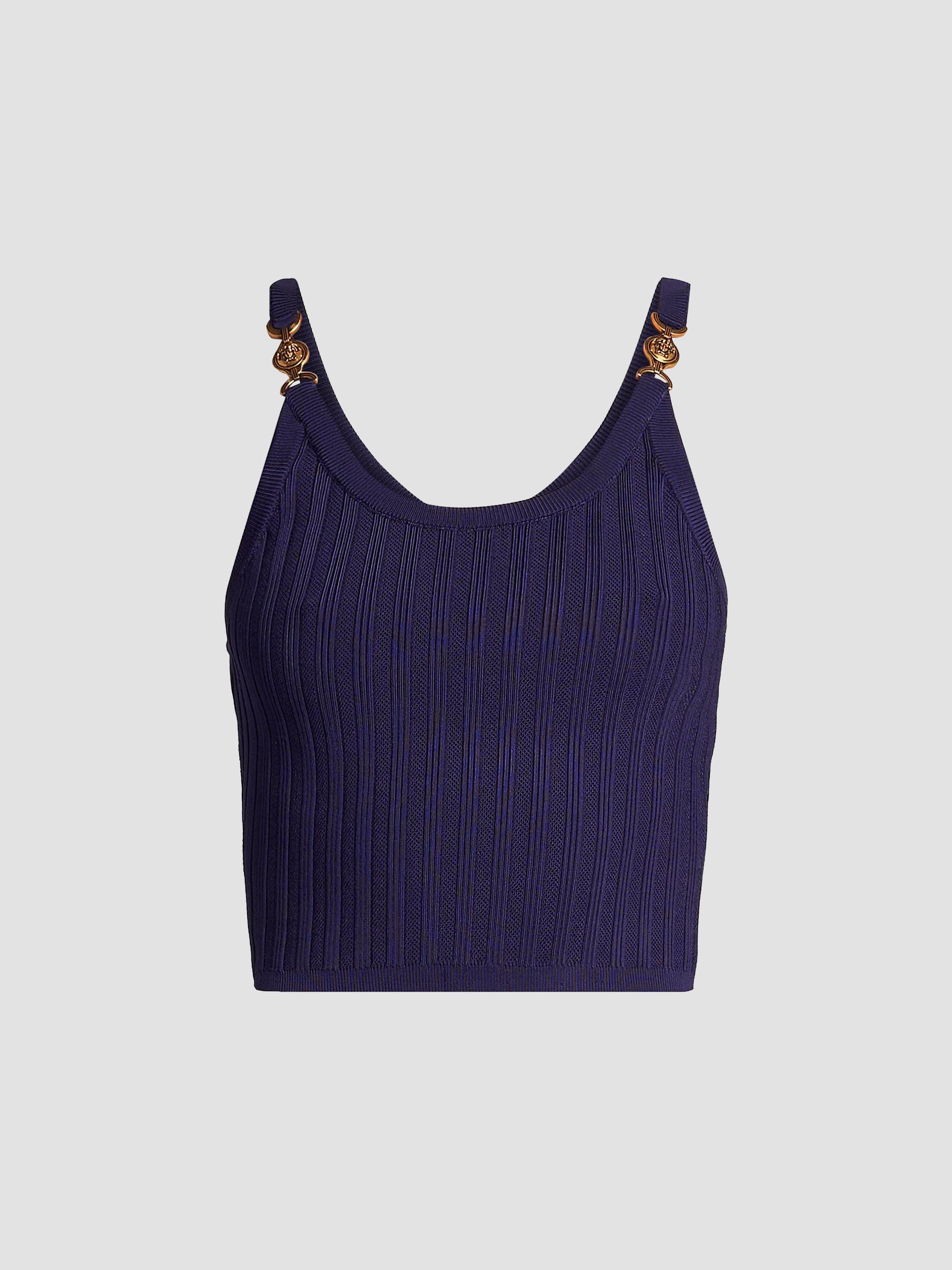 Versace Women's La Vacanza Mesh Rib-Knit Hardware Top - Purple | Thumbnail 7