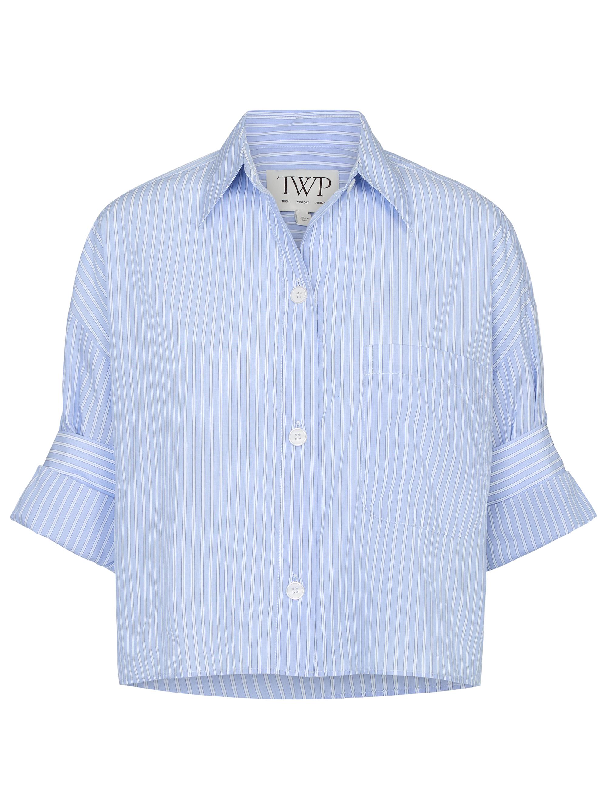 TWP Women's Next Ex Striped Cotton Crop Shirt - Blue Haven White
