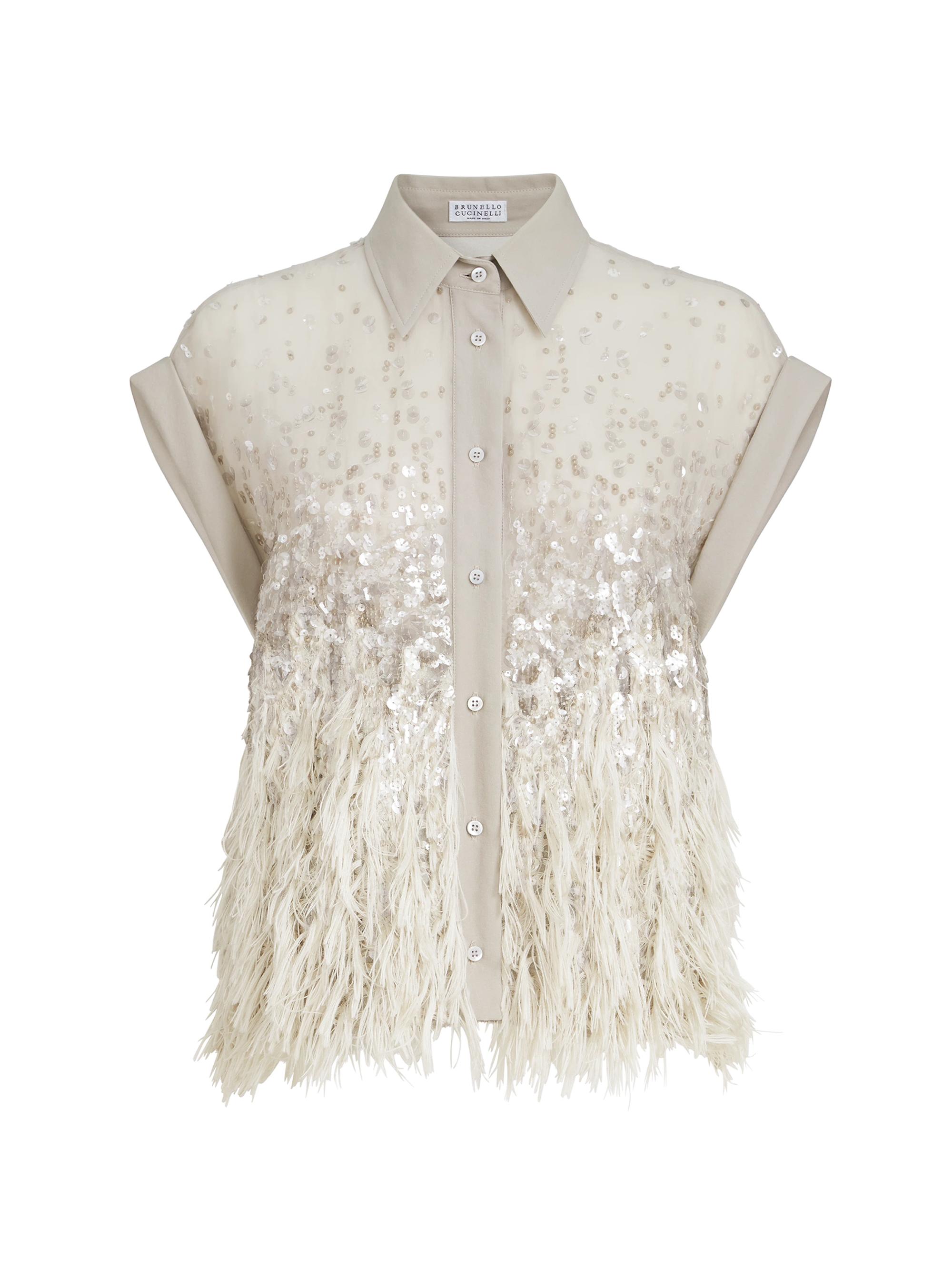 Brunello Cucinelli Women's Dazzling Dégradé Shirt in Crispy Silk with Fil Coupé - Silver