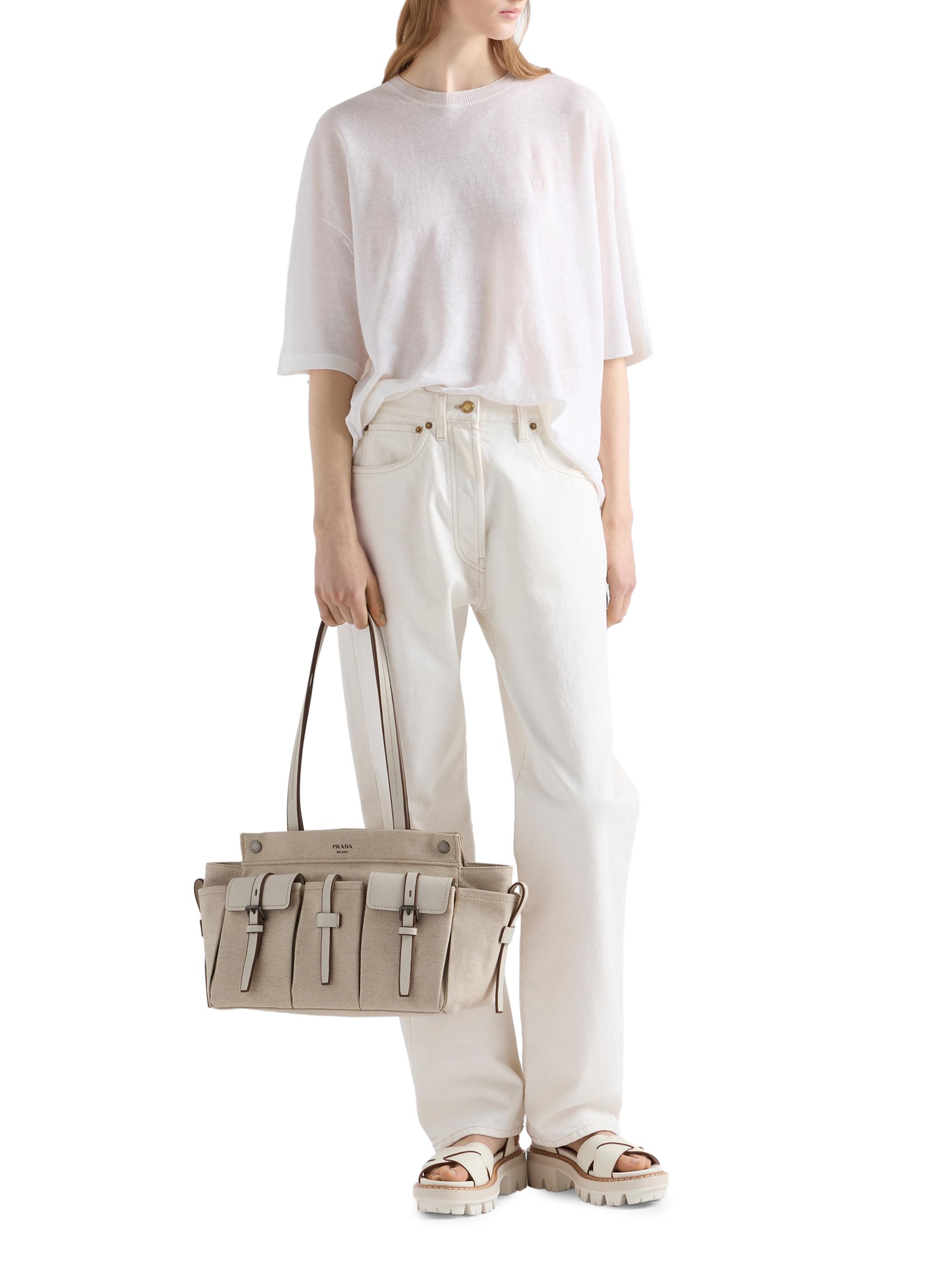 Prada Women's Route  Canvas and Leather Tote Bag - Beige Khaki
