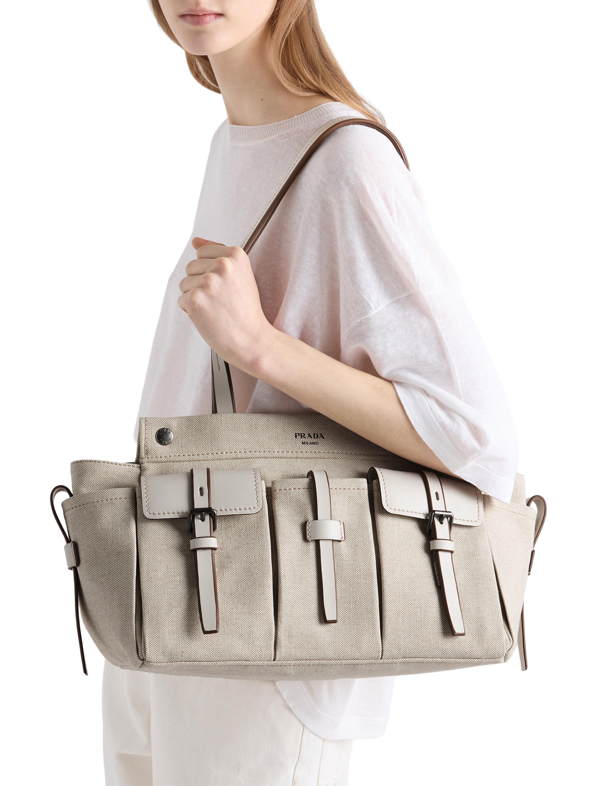 PRADA 肩切返し　ロンT ポケット付　ラバーロゴ Prada Route Large Canvas and Leather Tote Bag | Saks Fifth Avenue