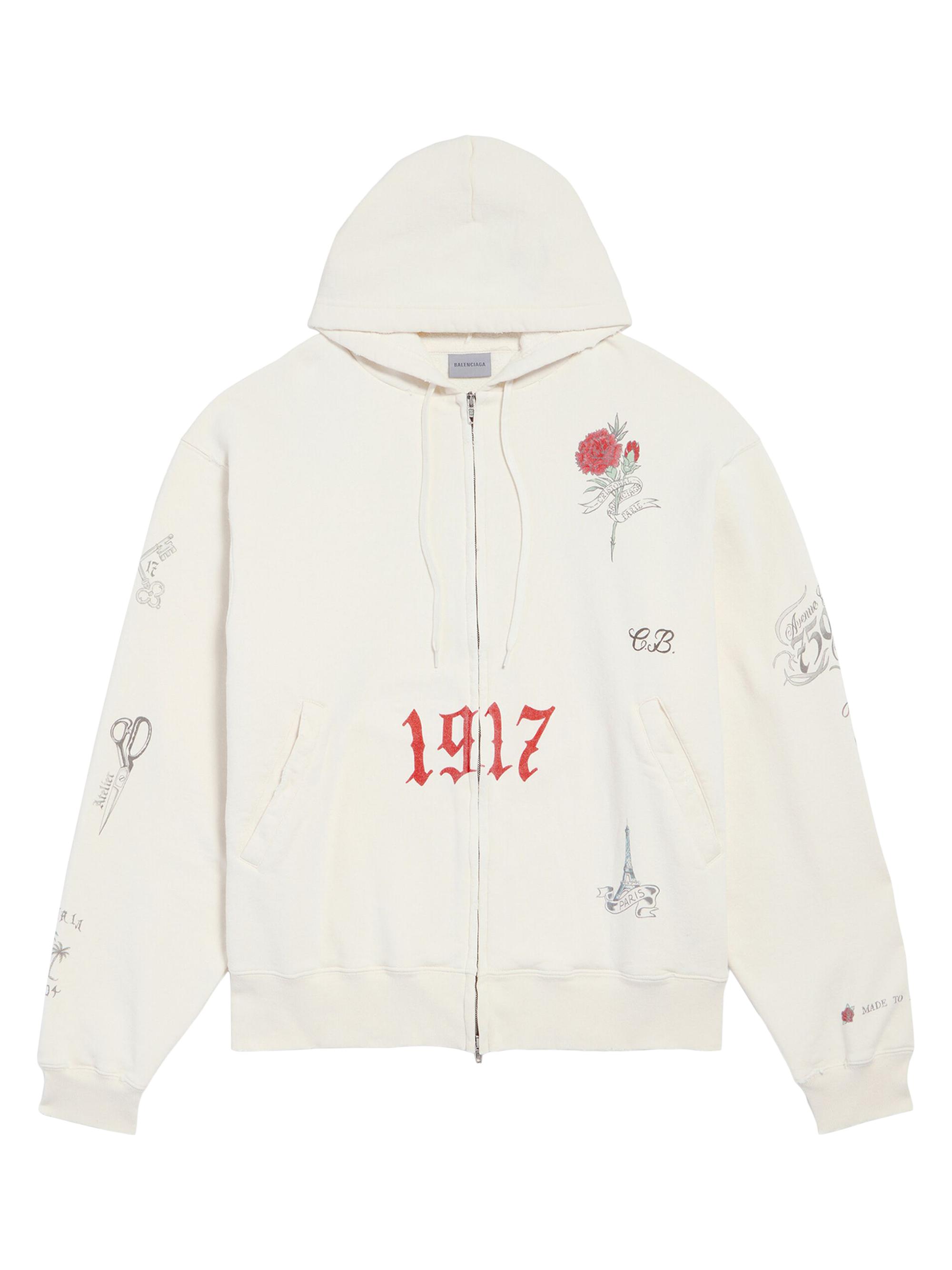 Balenciaga Men's Tattoo Oversized Zip-Up Hoodie - Cream