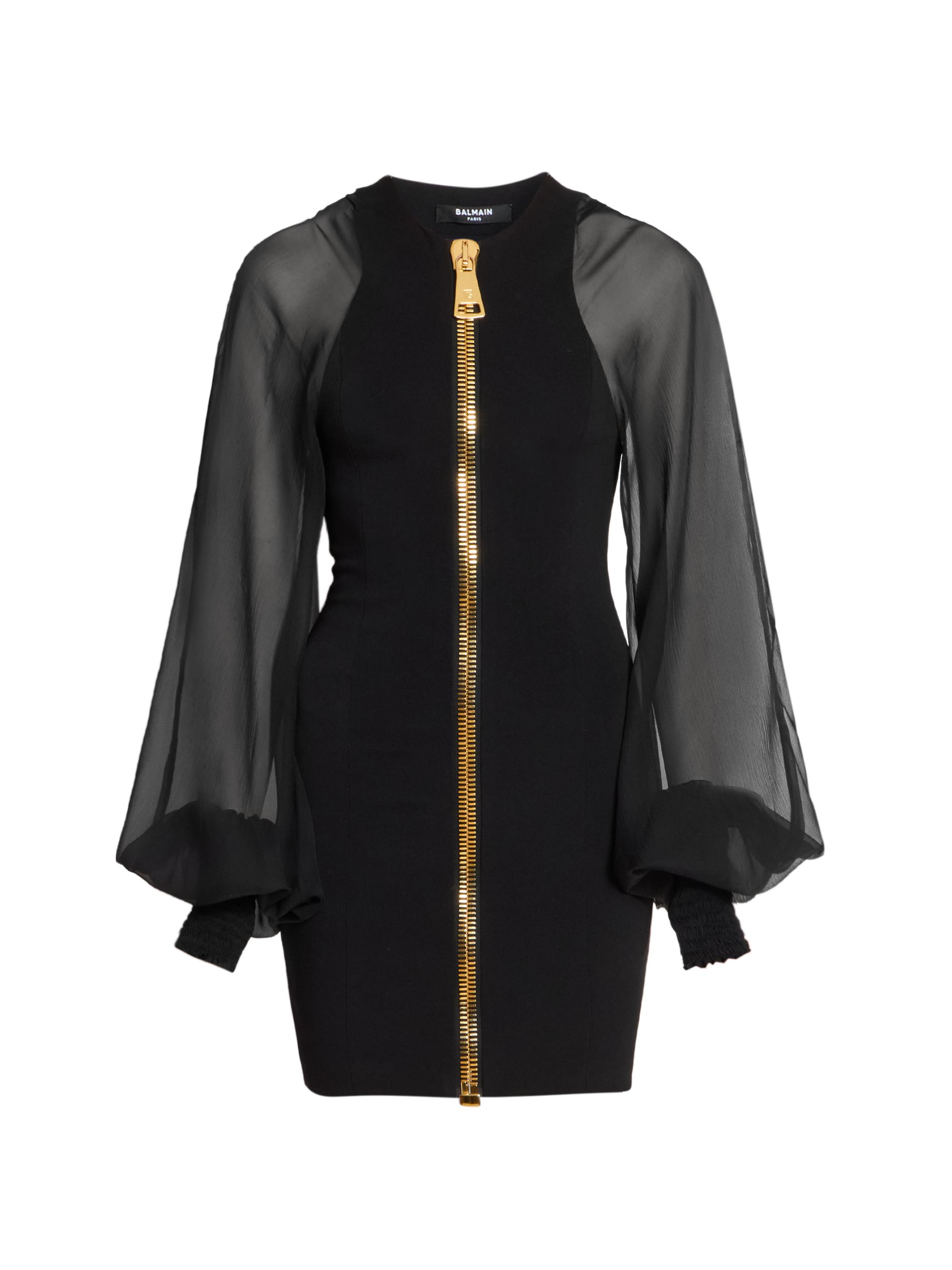 Balmain Women's Compact Knit Chiffon-Sleeve Minidress - Noir