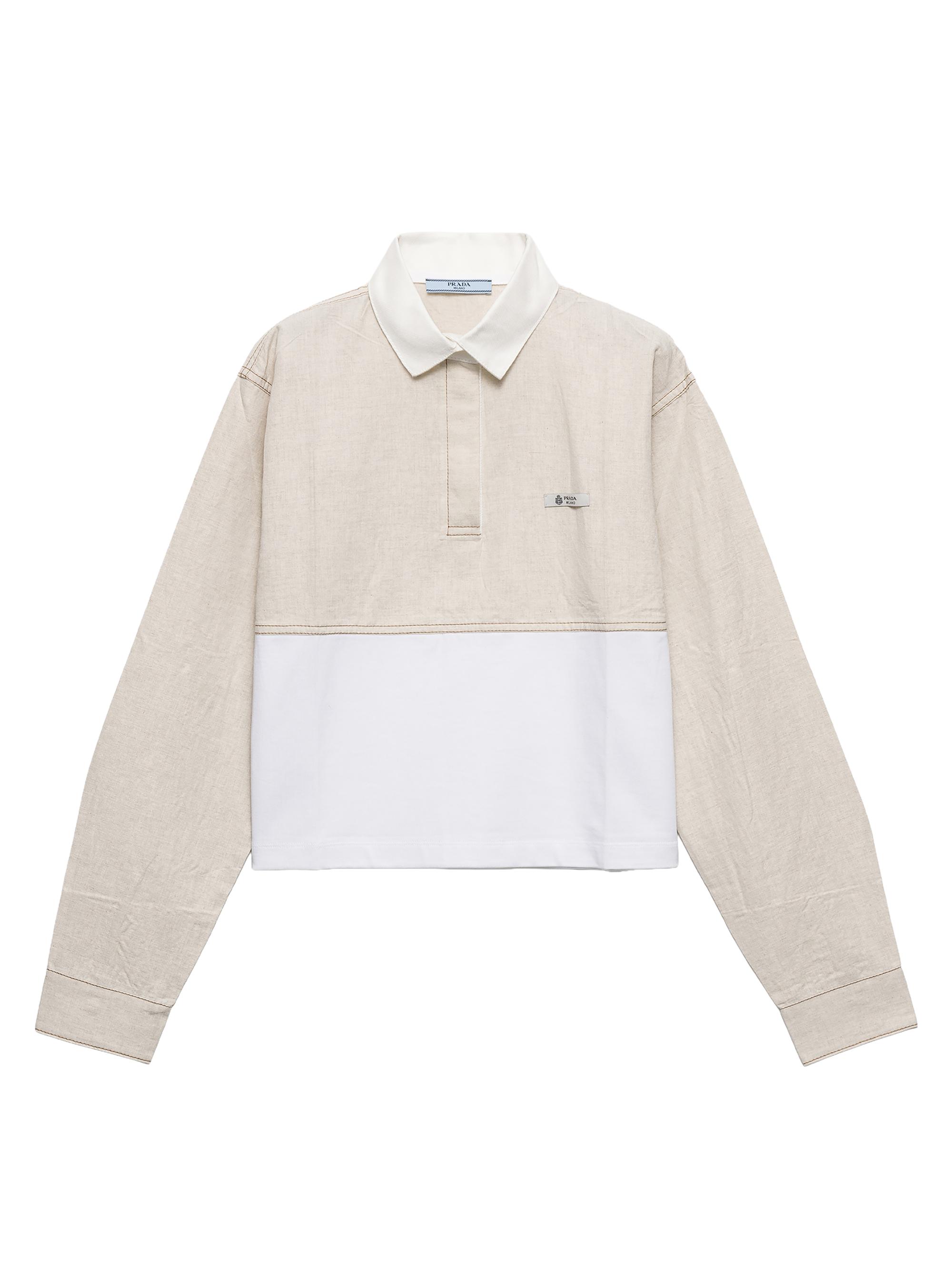 Prada Women's Chambray and Jersey Polo Shirt - Beige Khaki - Women's Clothing