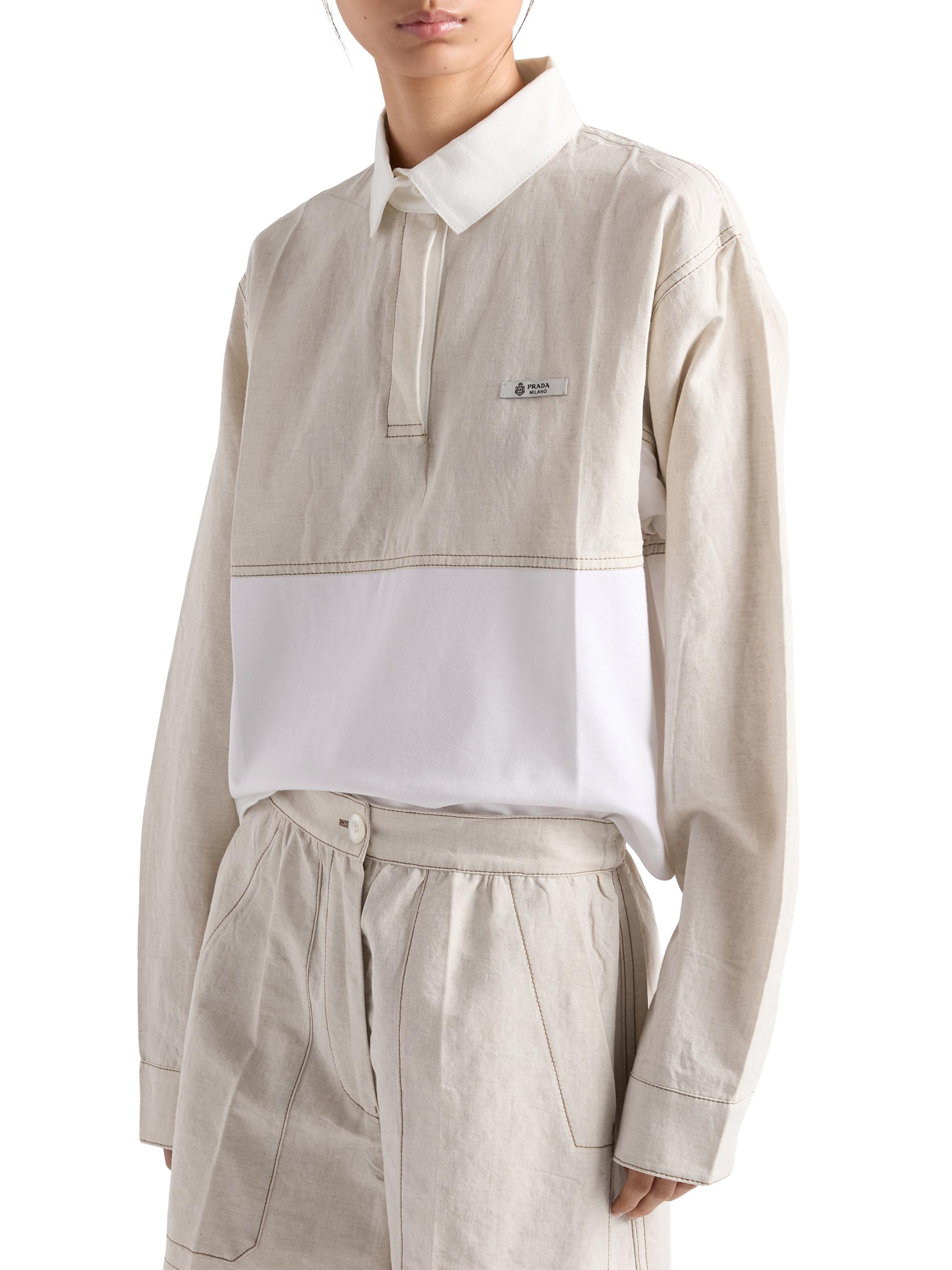 Prada Women's Chambray and Jersey Polo Shirt - Beige Khaki - back view in Beige