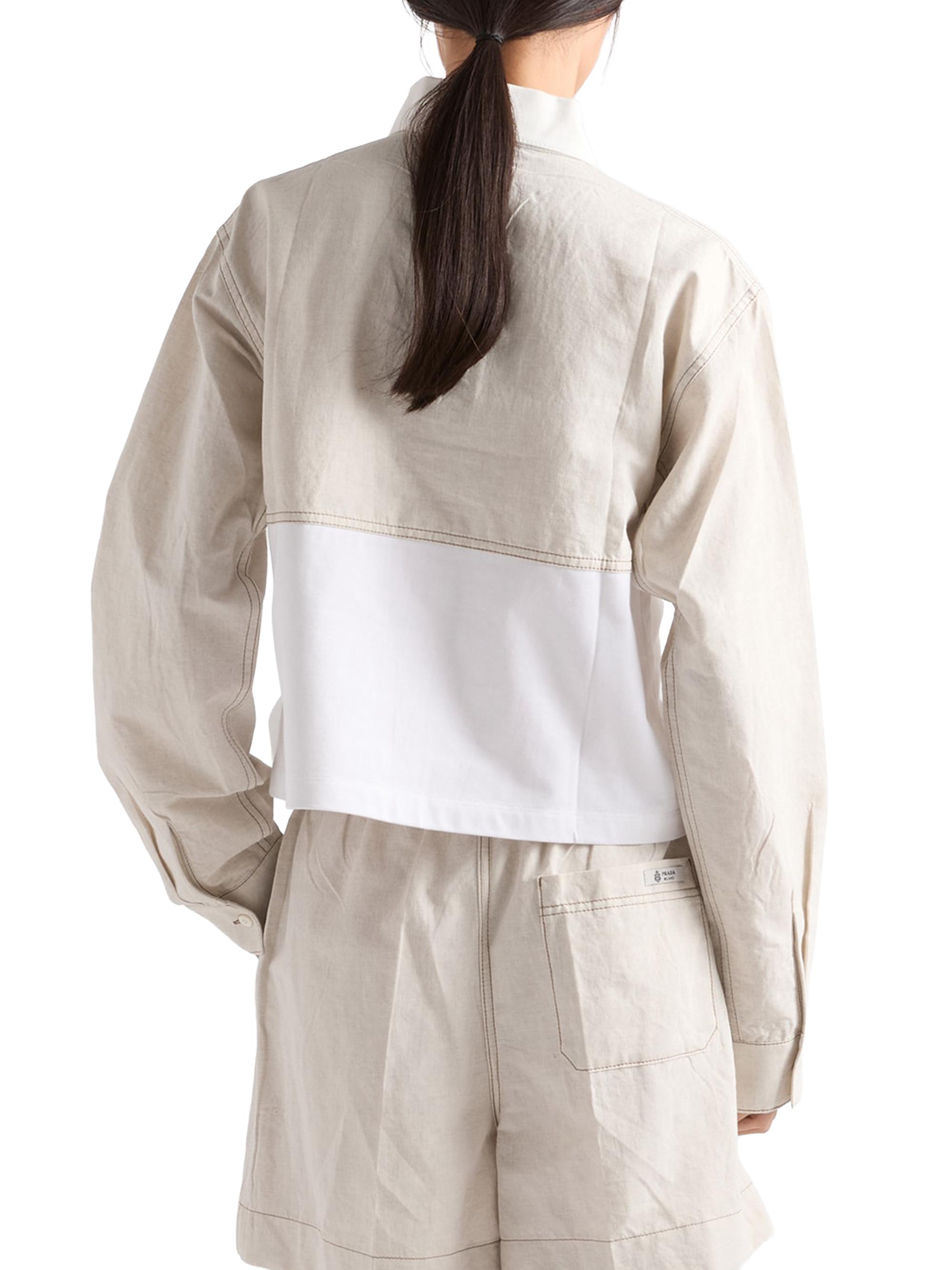 Prada Women's Chambray and Jersey Polo Shirt - Beige Khaki - side view in Beige