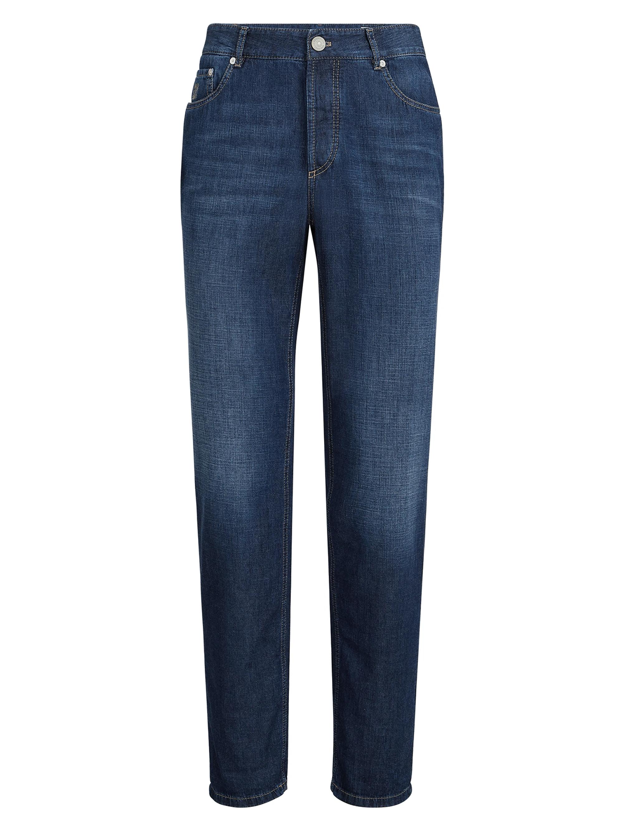 Brunello Cucinelli Men's Lightweight Old Denim Traditional Fit Five Pocket Jeans - Dark Denim