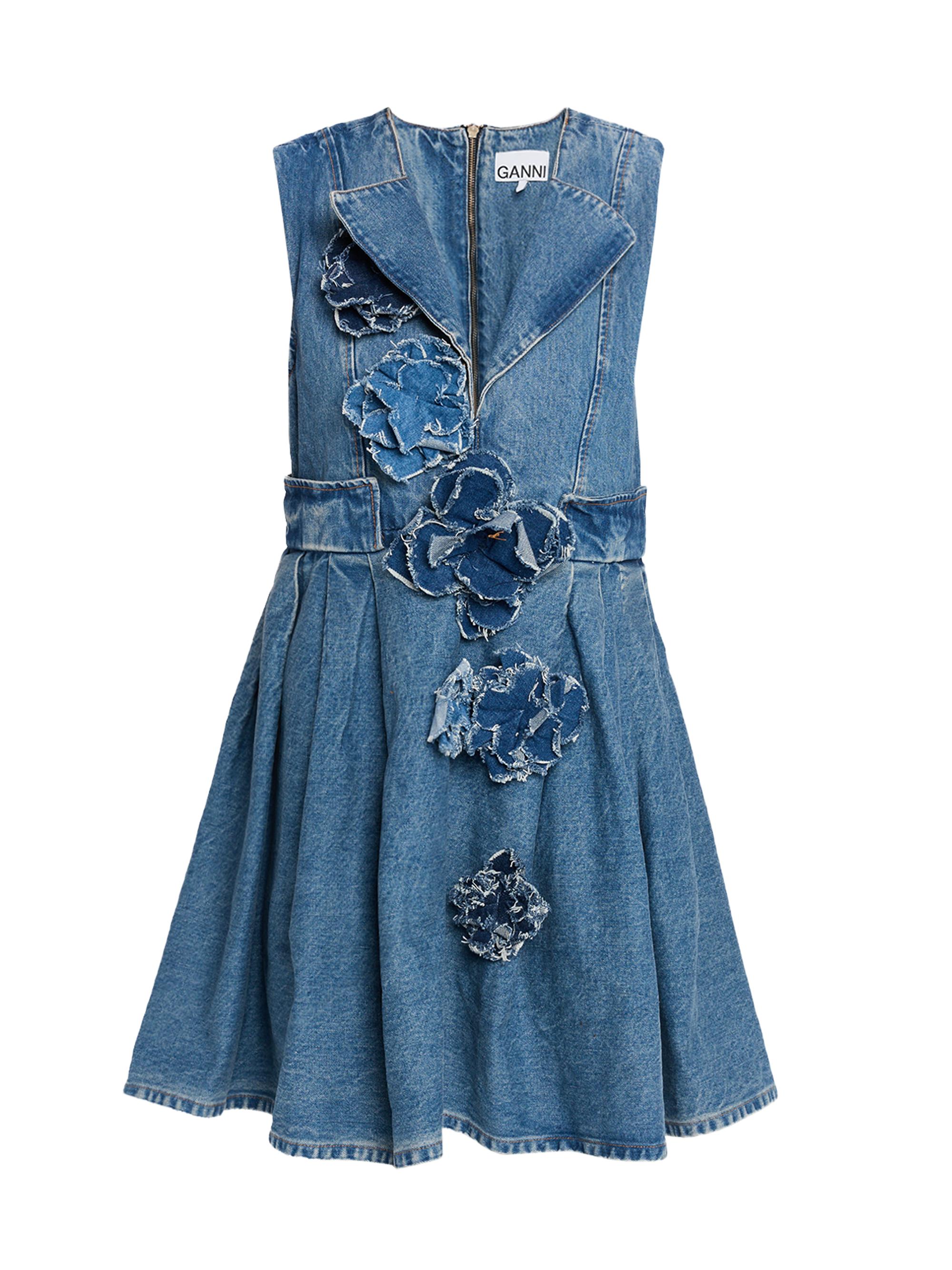 Ganni Women's Flower Denim Puff Minidress - Mid Blue Stone
