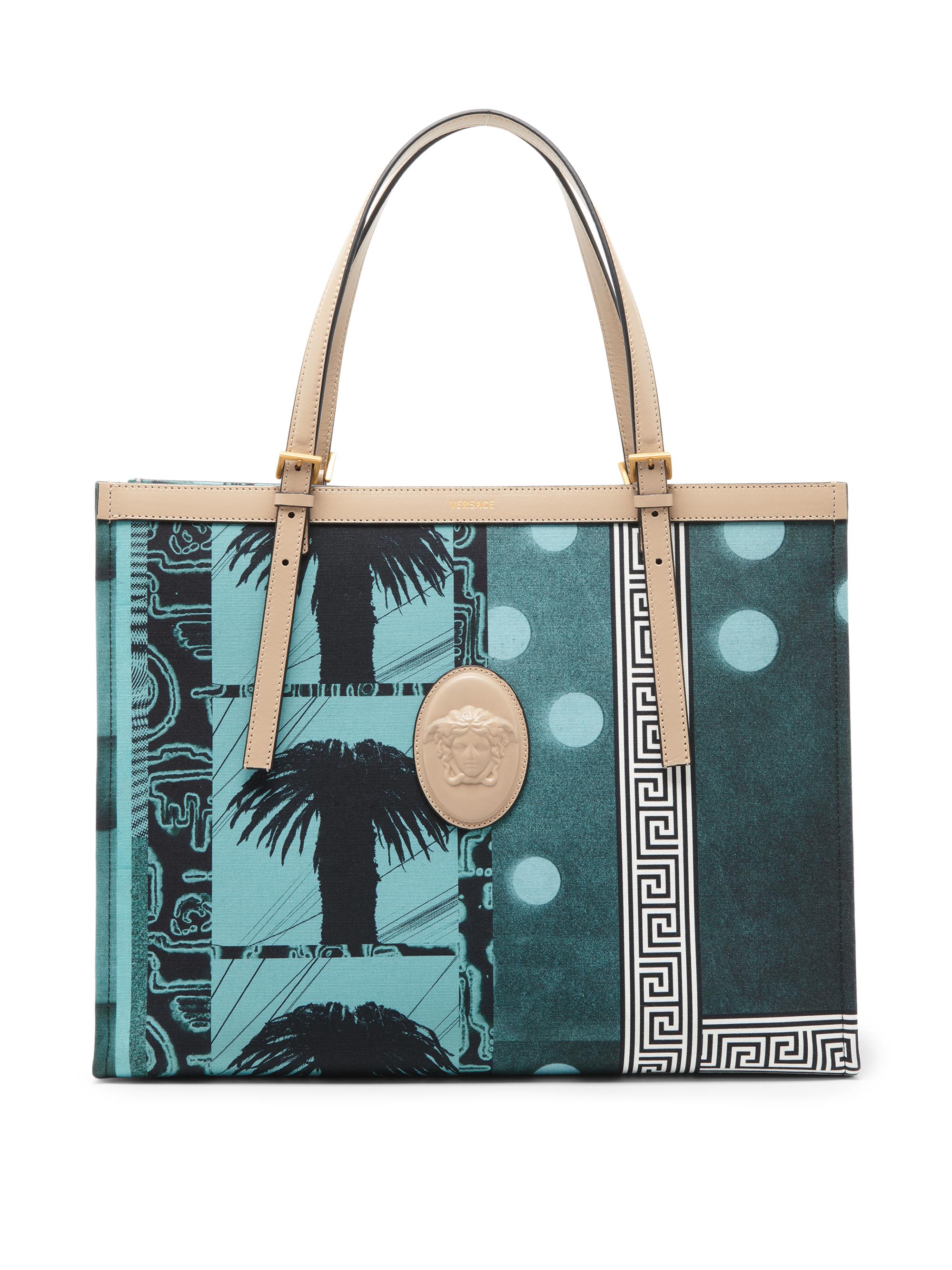 Versace Women's  Palm-Print Medusa Logo Tote Bag - Light Teal Dove Grey Gold