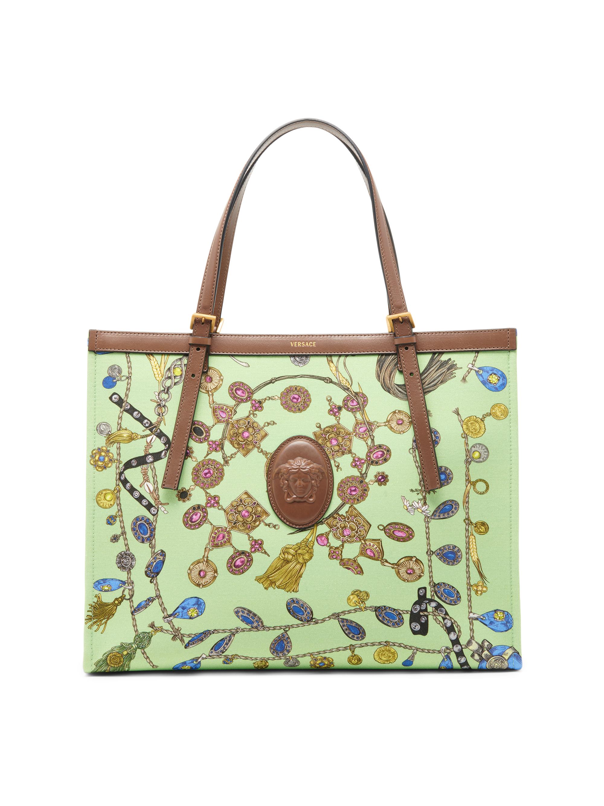 Versace Women's  Broken-Jewel Medusa Cotton Canvas Tote Bag - Pistachio Azur Taupe Gold