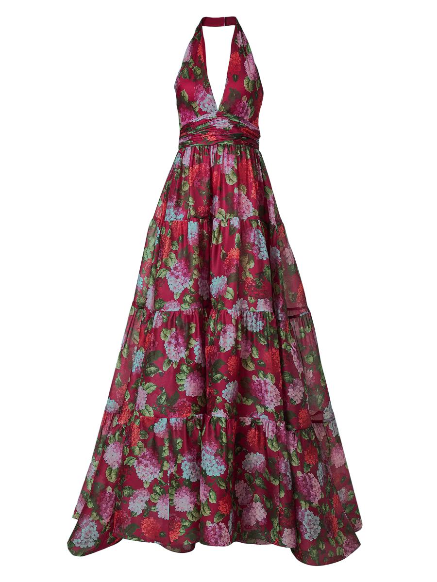 Carolina Herrera Women's Floral Halterneck Tiered Gown In Cranberry Multi