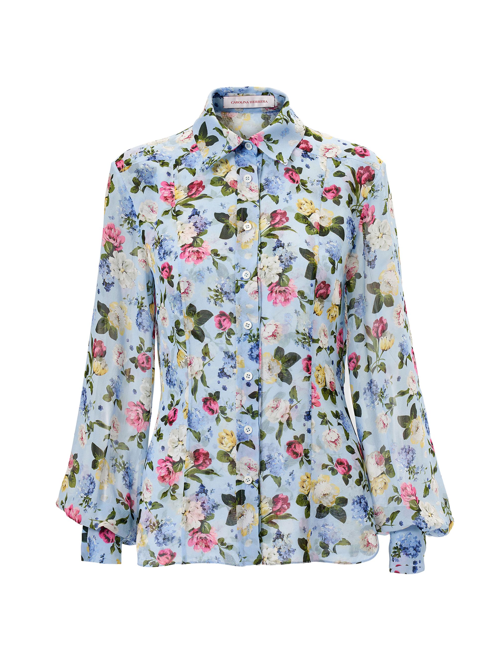 Carolina Herrera Women's Cabana Isabella Floral Silk Shirt - Cloudy Blue Multi - Women's Clothing