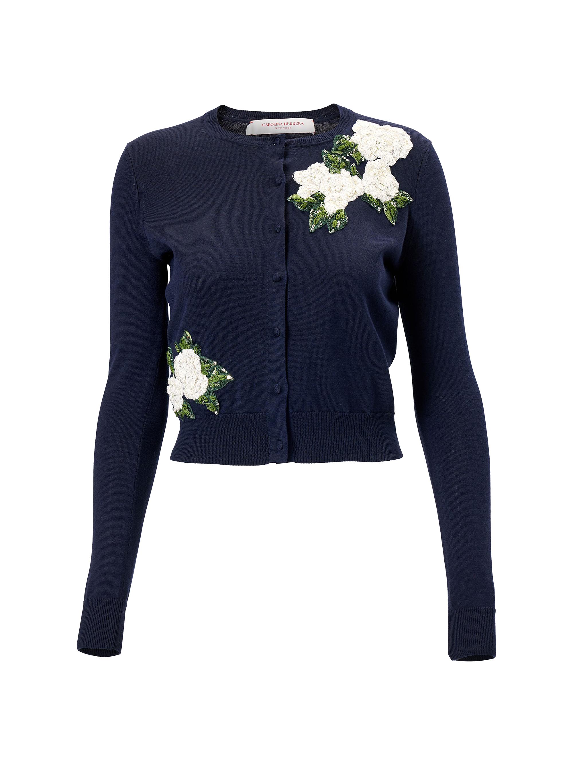 Carolina Herrera Women's Cabana Embroidered Crewneck Silk-Cotton Long-Sleeve Cardigan - Midnight