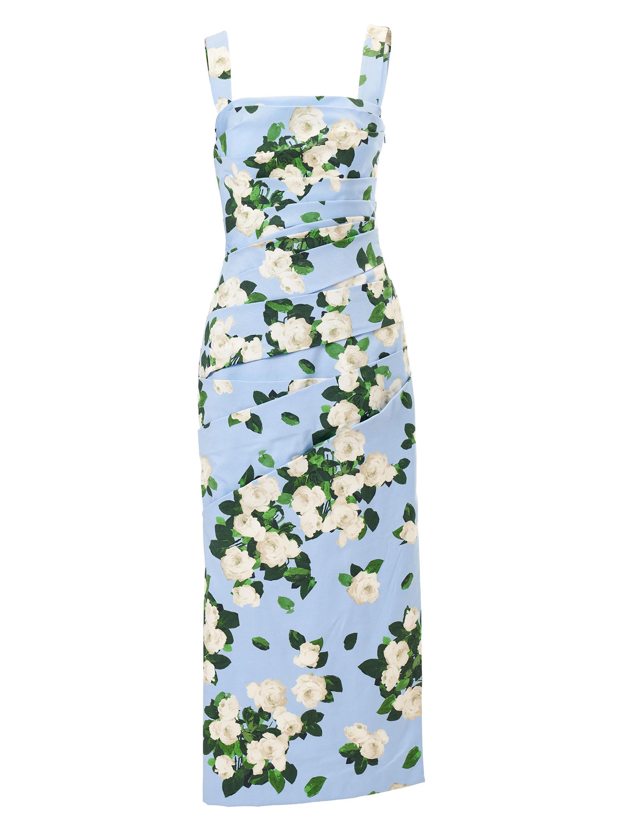 Carolina Herrera Women's Cabana Floral Draped Thick-Strap Cotton-Blend Midi-Dress - Cloudy Blue Multi