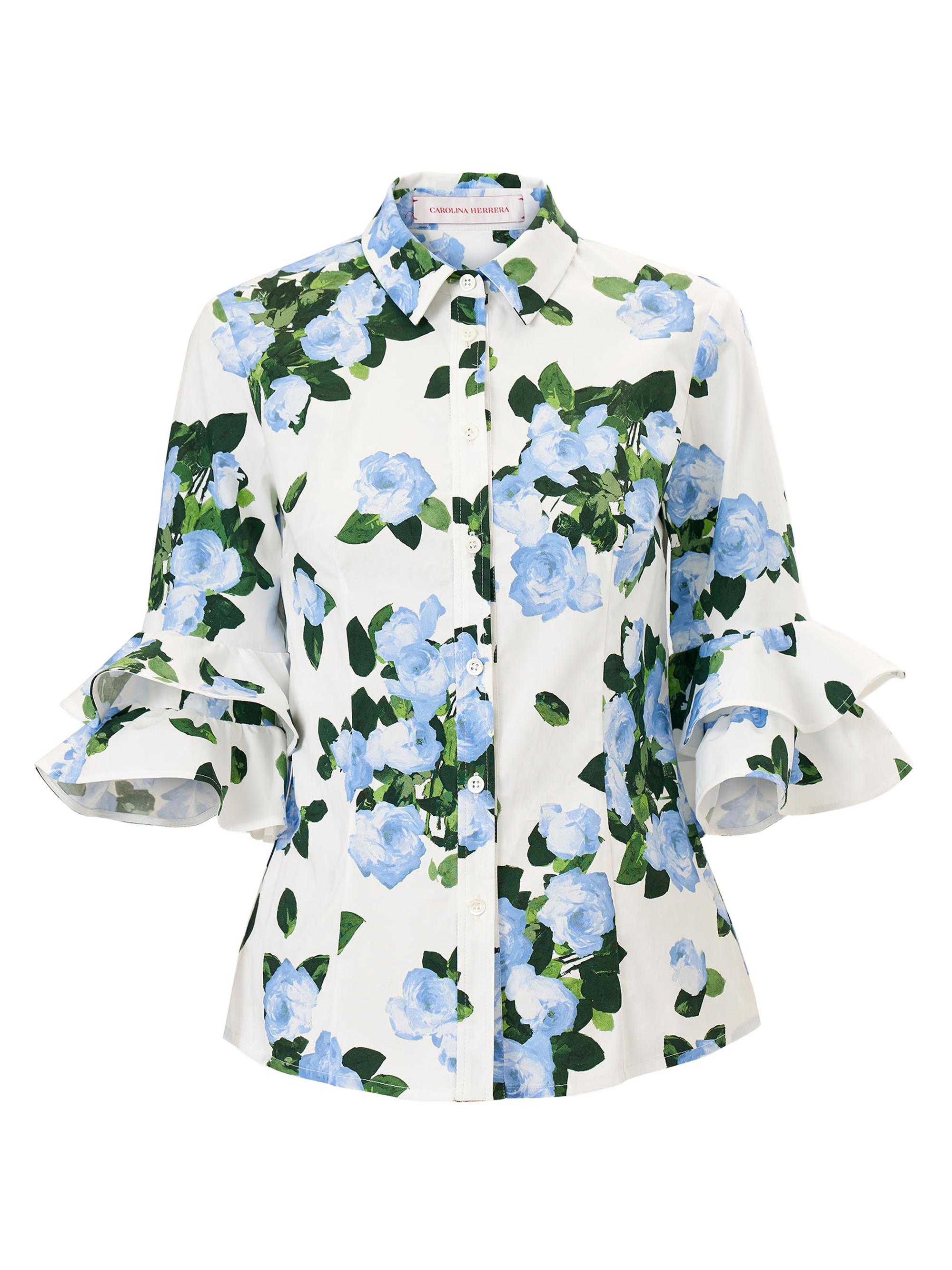 Carolina Herrera Women's Cabana Floral Ruffle-Sleeve Stretch-Cotton Top - White Multi