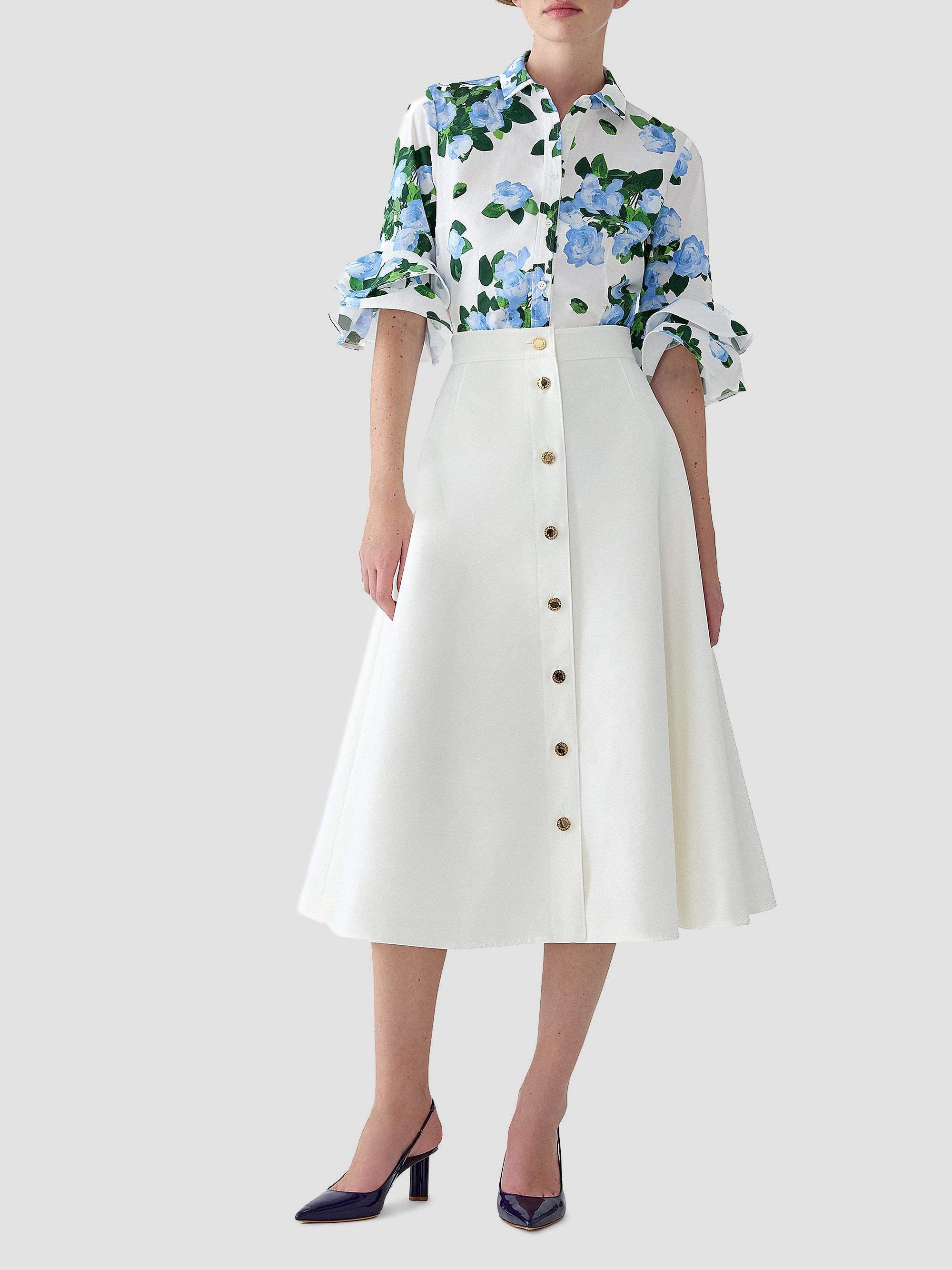 Carolina Herrera Cabana Floral Ruffle-Sleeve Stretch-Cotton Top