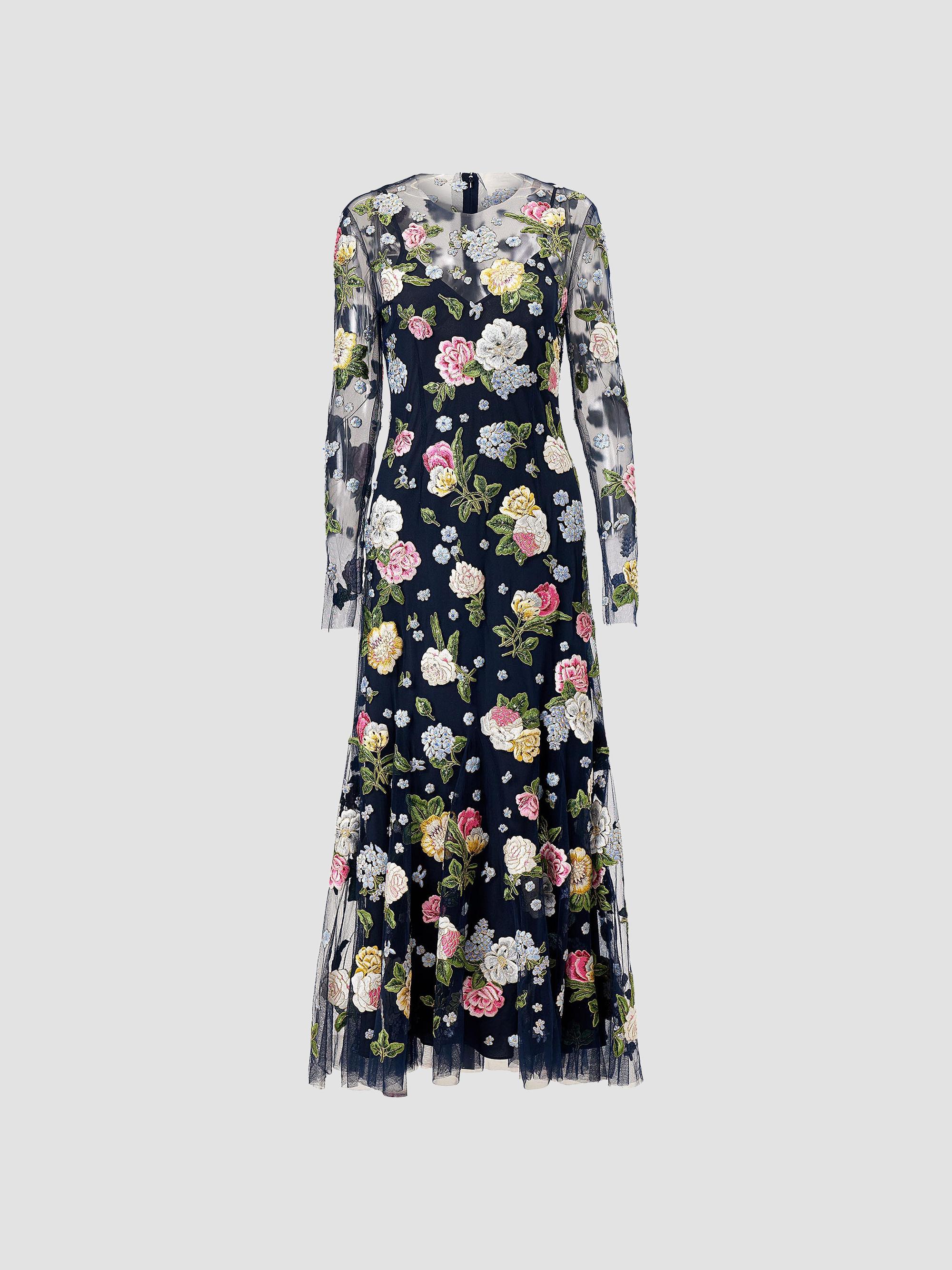 Carolina Herrera Women's Cabana Sheer Floral Embrodiered Midi-Dress - Midnight | Thumbnail 5