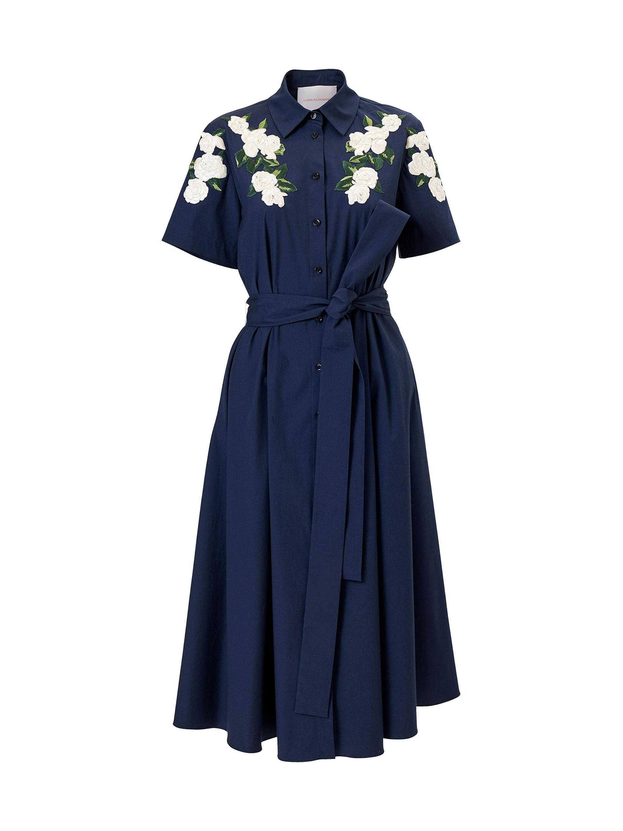Carolina Herrera Women's Cabana Embroidered Short-Sleeve Midi Shirtdress - Midnight