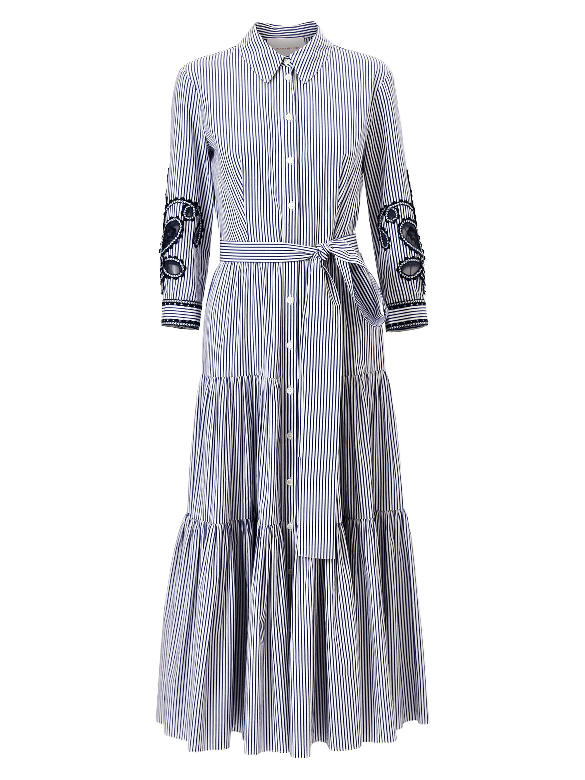 Carolina Herrera Women's Cabana Embroidered-Sleeve Belted Cotton Midi Shirtdress - White Blue - Women's Clothing