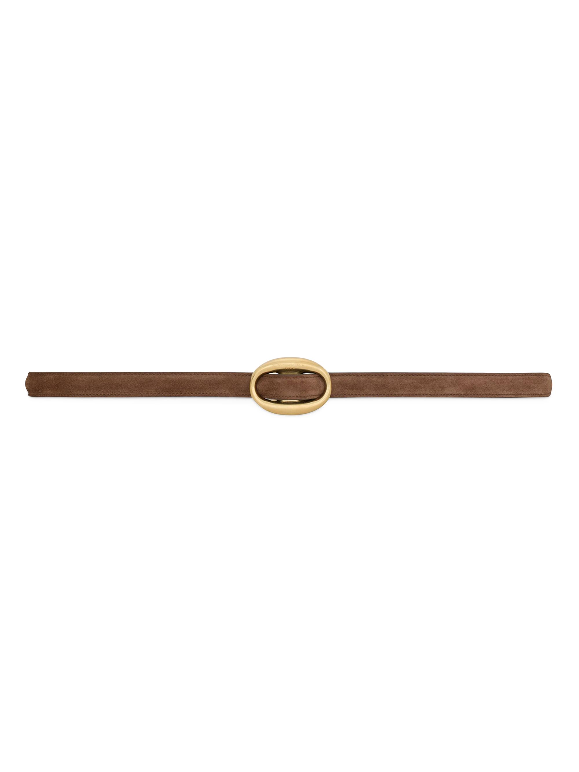 Saint Laurent Women's Oval Buckle Thin Belt in Suede - Brown Coffee