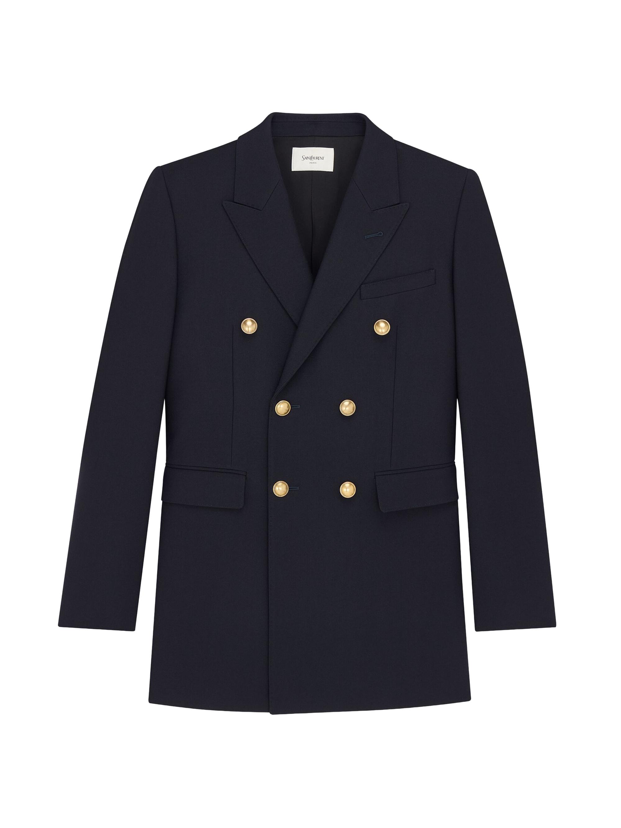 Saint Laurent Women's Double-Breasted Jacket in Wool Gabardine - Marine Fonce