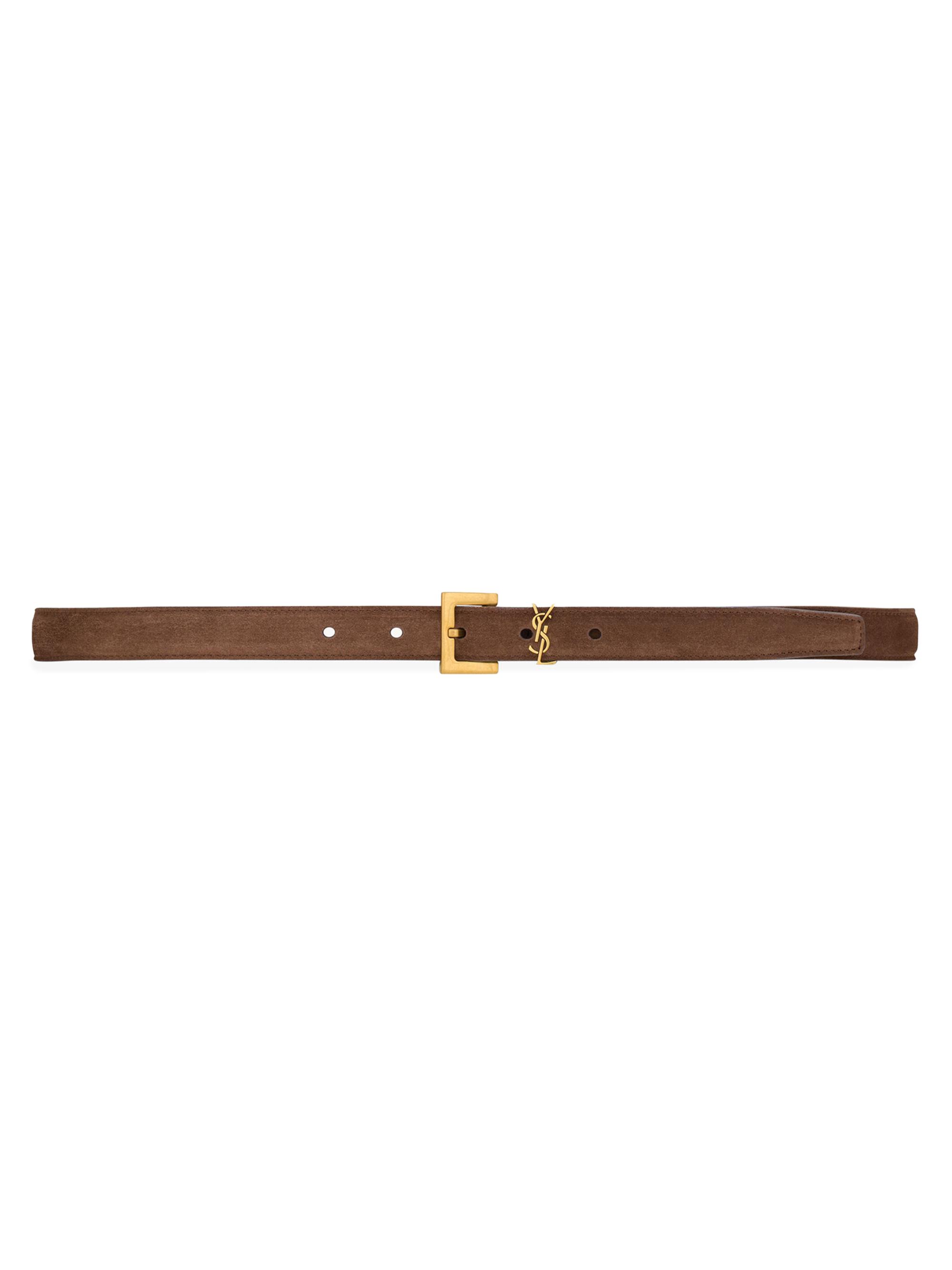 Saint Laurent Women's Cassandre Thin Belt in Suede - Brown Coffee