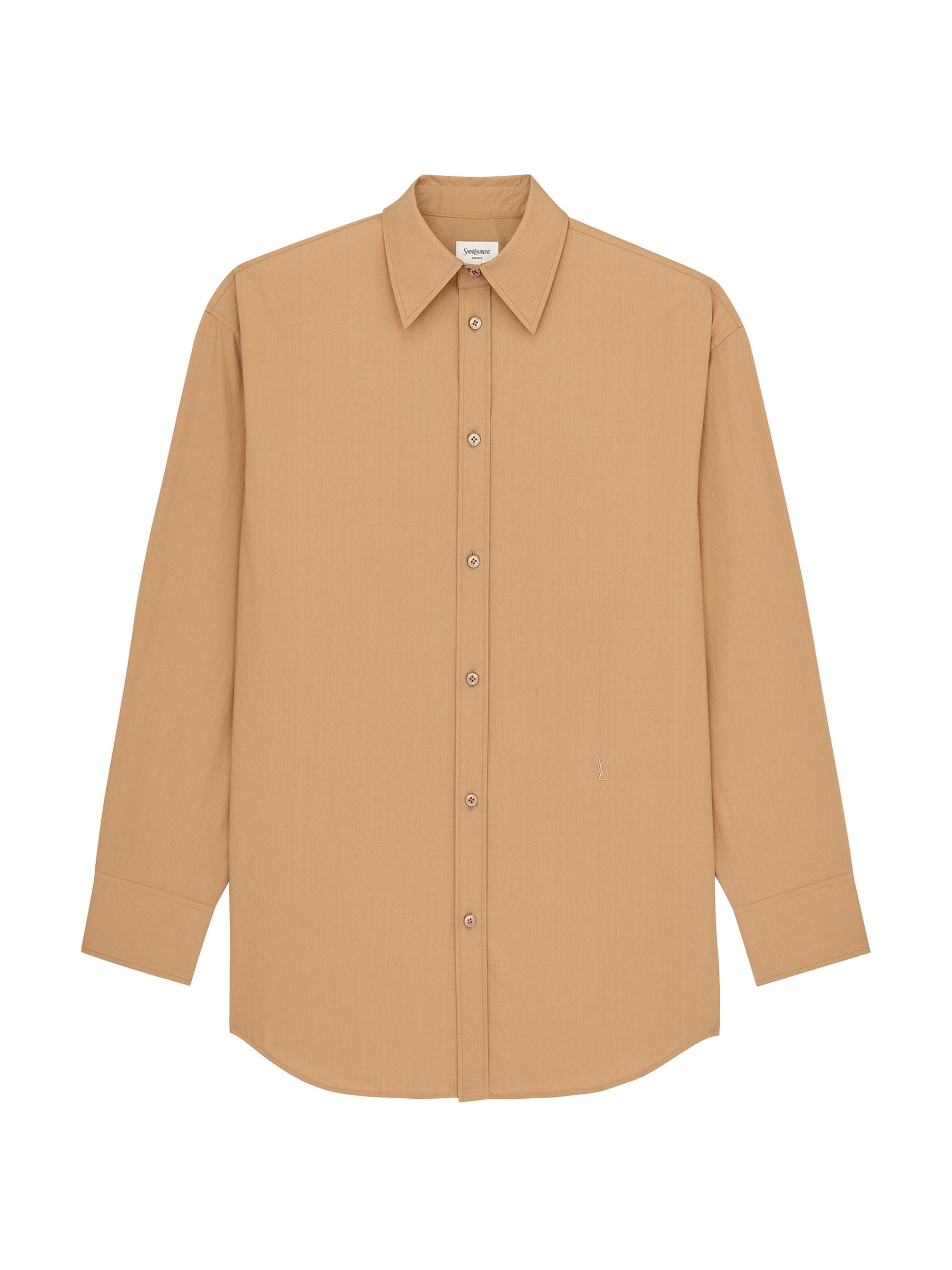 Saint Laurent Women's Cassandre Shirt in Striped Cotton Poplin - Chatain