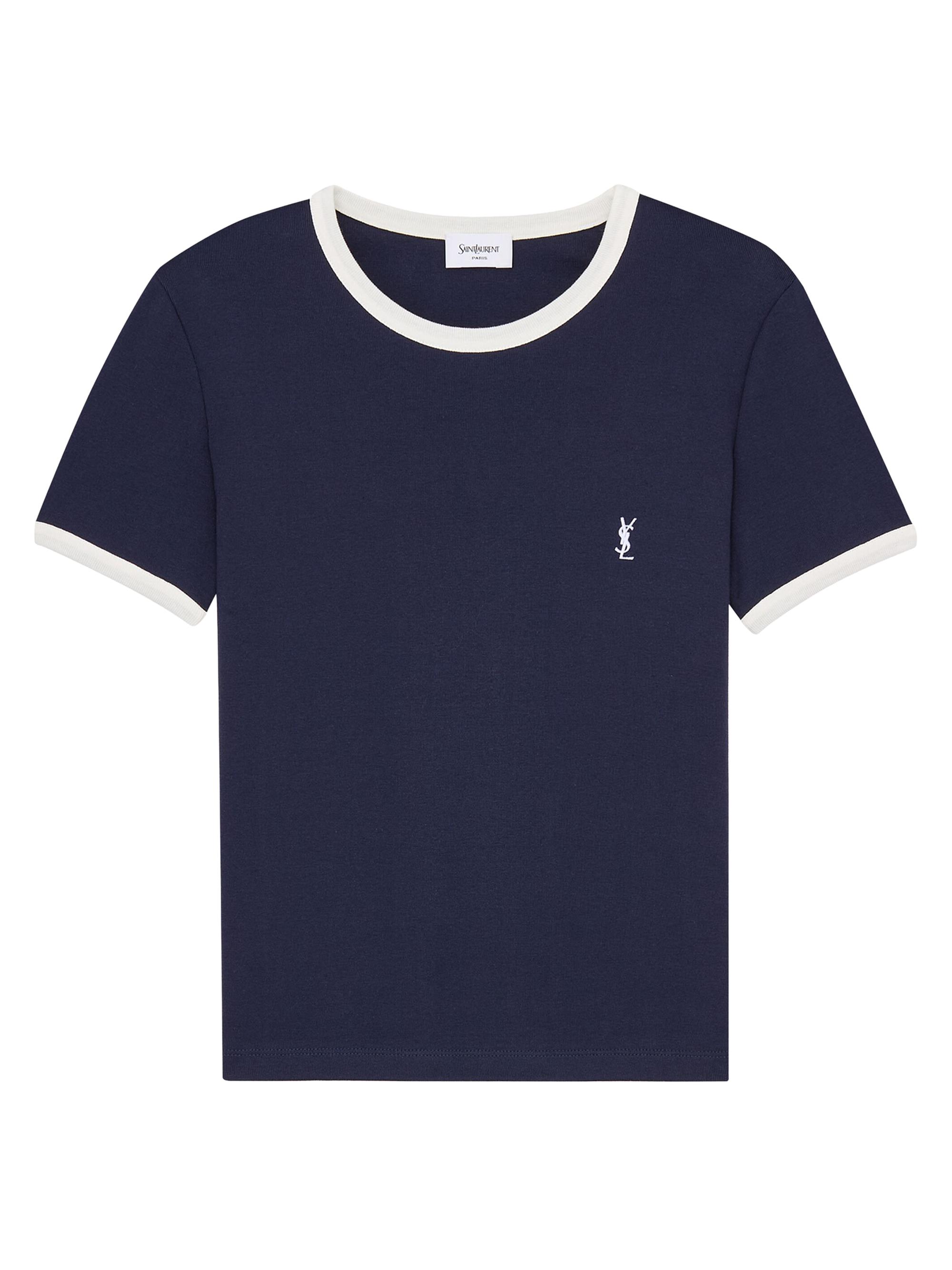 Saint Laurent Women's Cassandre T-Shirt in Ribbed Cotton Jersey - Navy Naturel