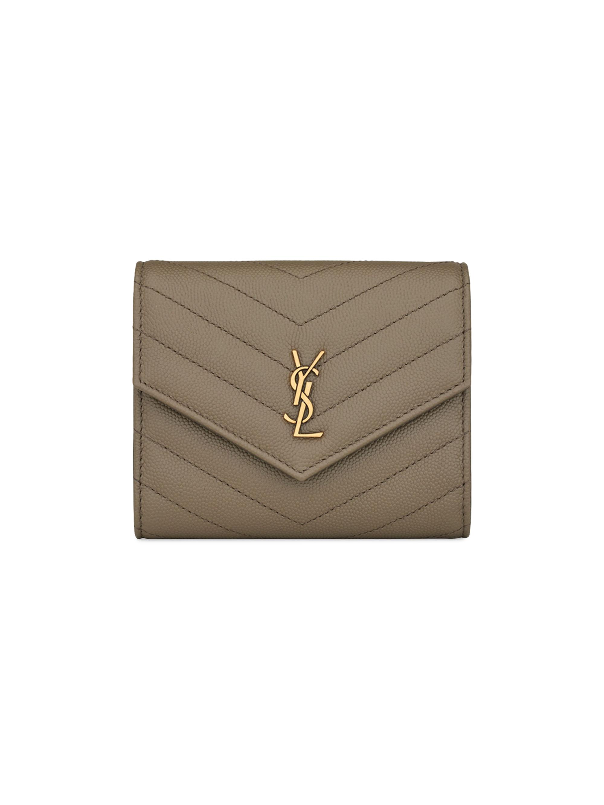 Saint Laurent Women's Cassandre Compact Tri Fold Wallet in Grain De Poudre Leather - Light Taupe