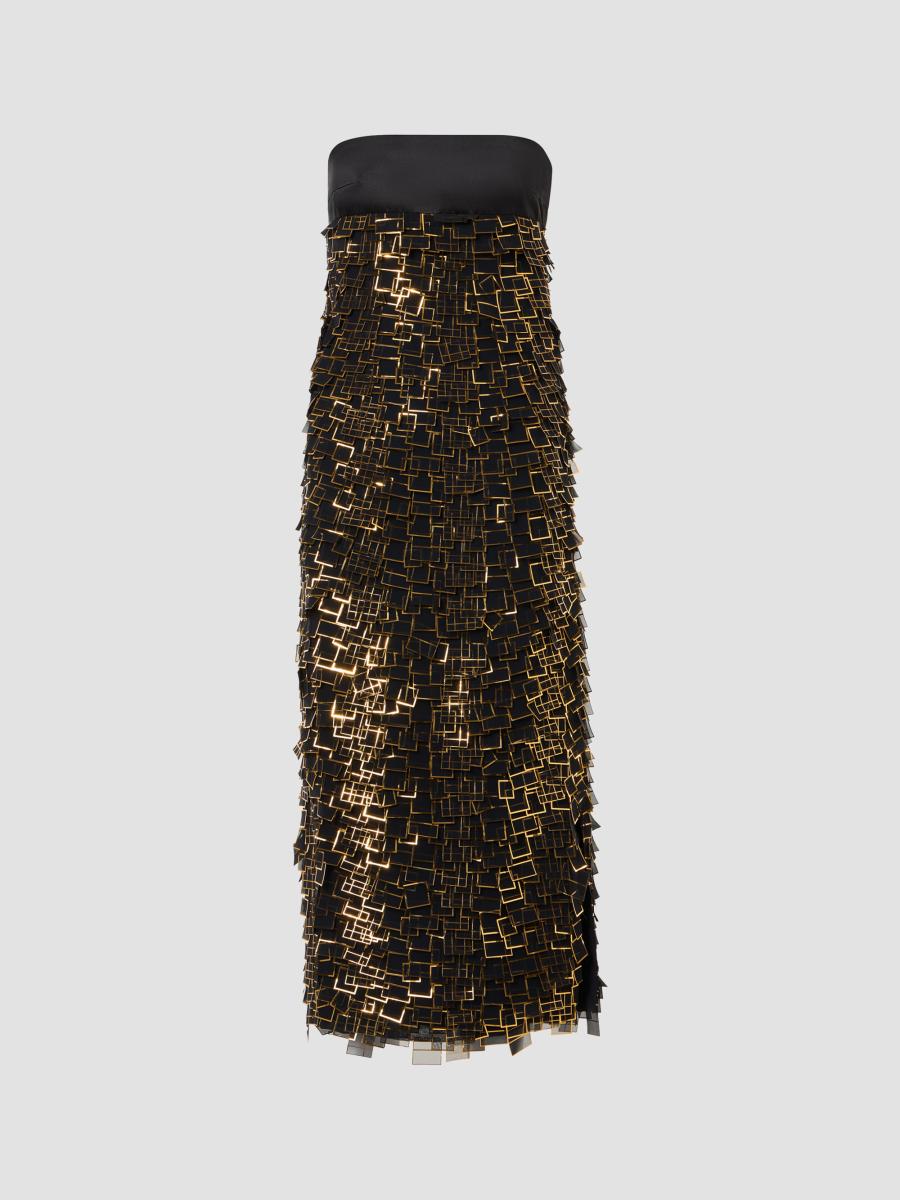 Akris Women's Metallic Organza Tile Strapless Midi Dress In Black Gold