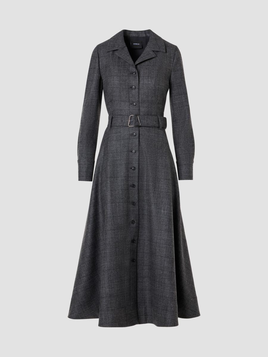 Akris Women's Prince Of Wales Wool Flannel A-line Midi Dress In Charcoal Black