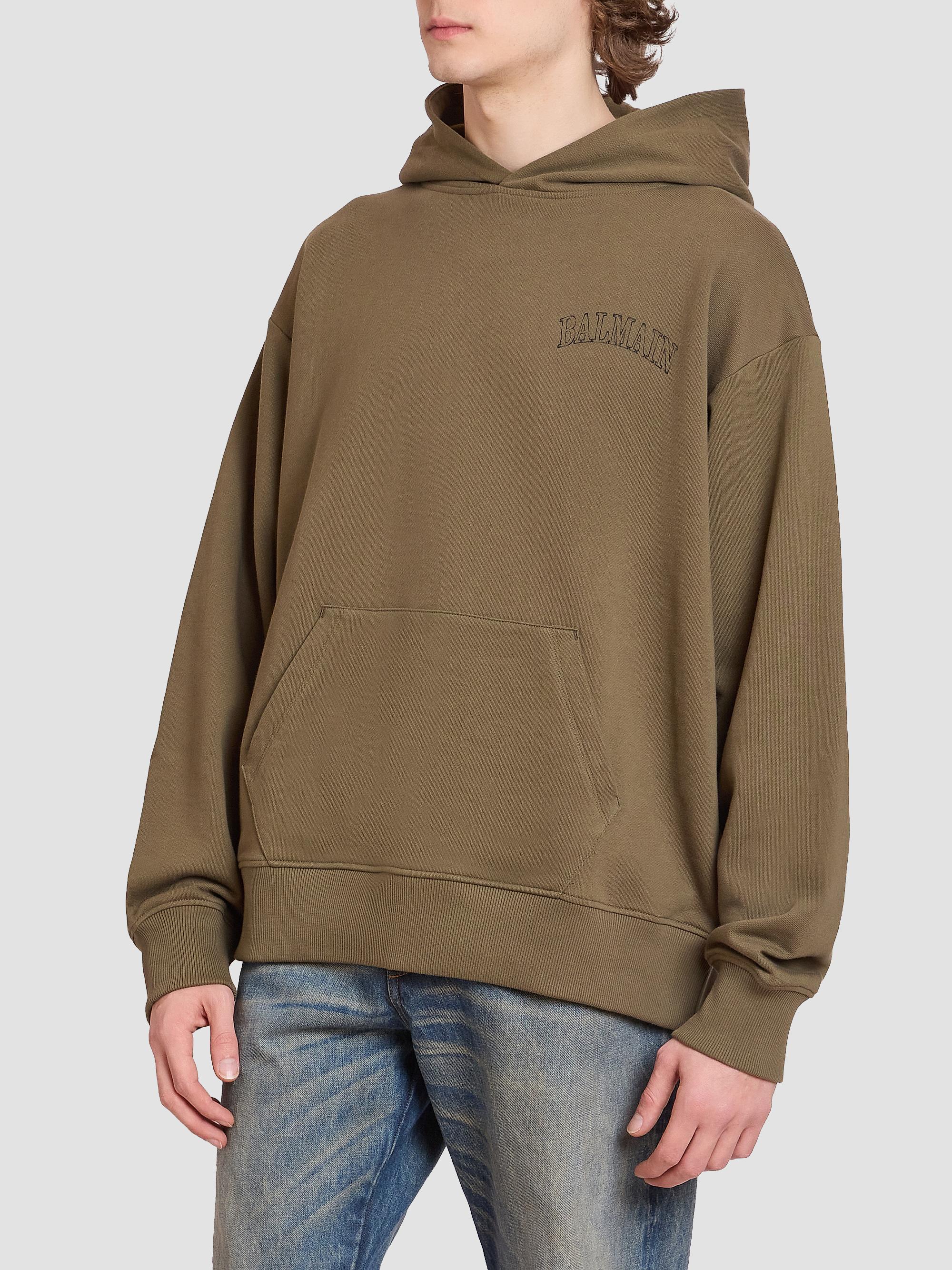 Balmain Men's Logo Cotton Hoodie - Kaki Noir | Thumbnail 4