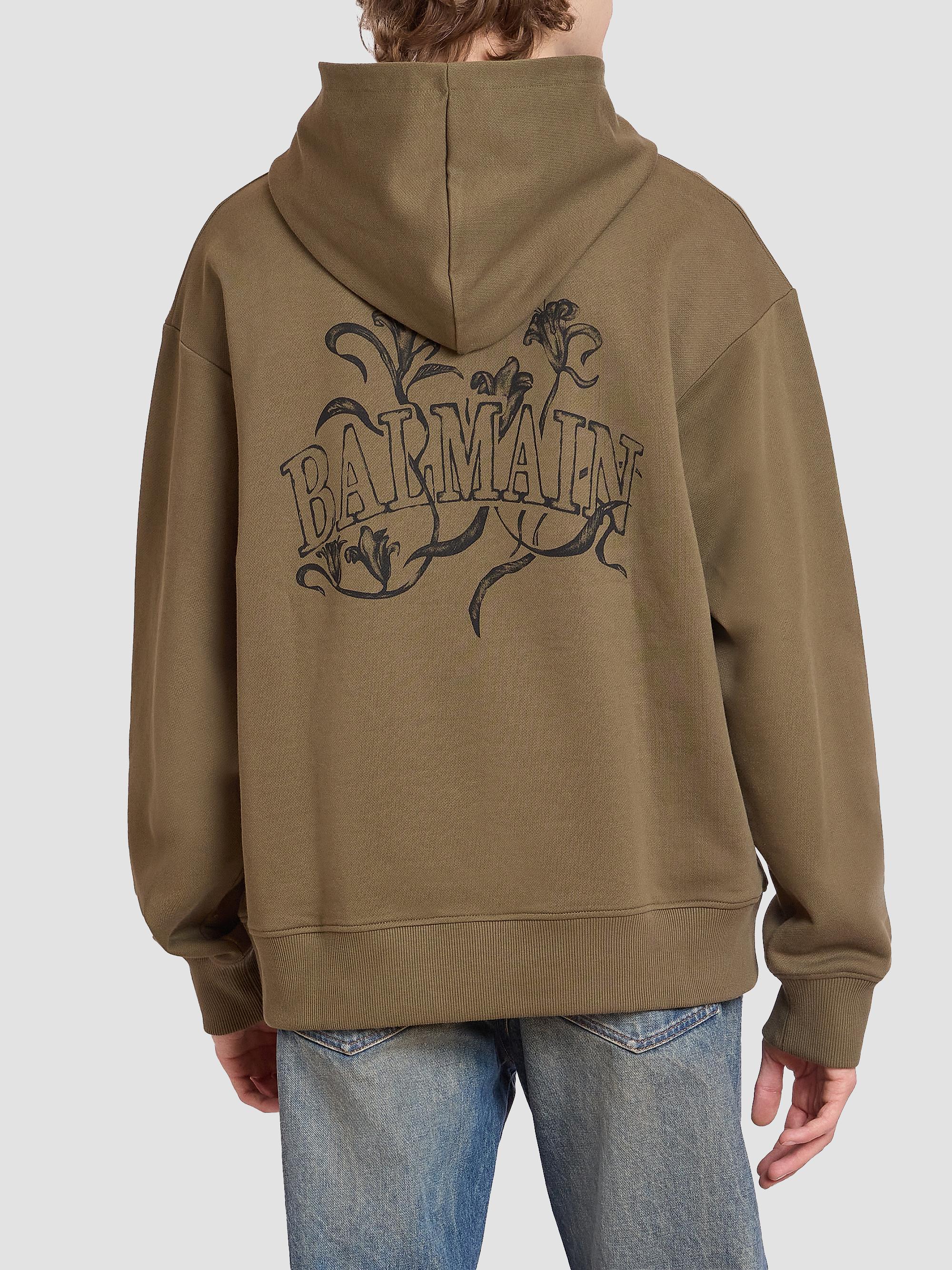 Balmain Men's Logo Cotton Hoodie - Kaki Noir | Thumbnail 5