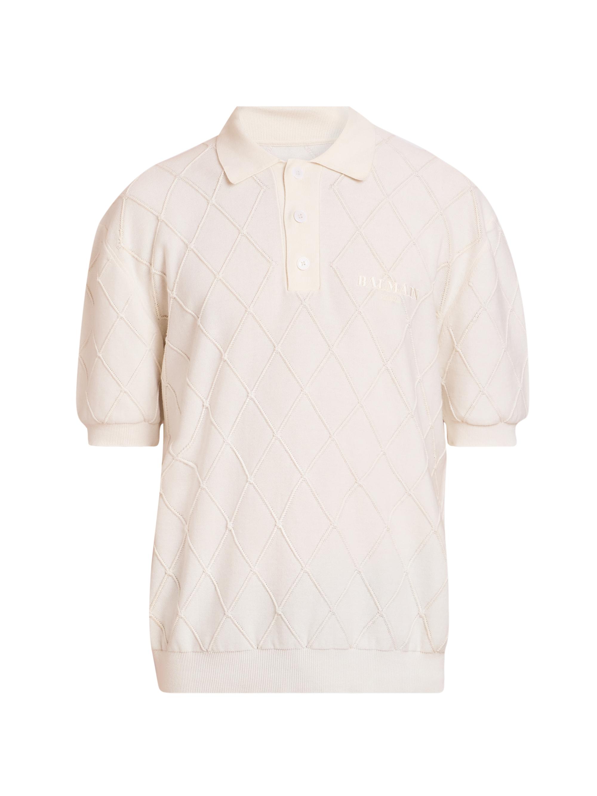 Balmain Men's Quilted Logo Cotton Polo Shirt - Blanc