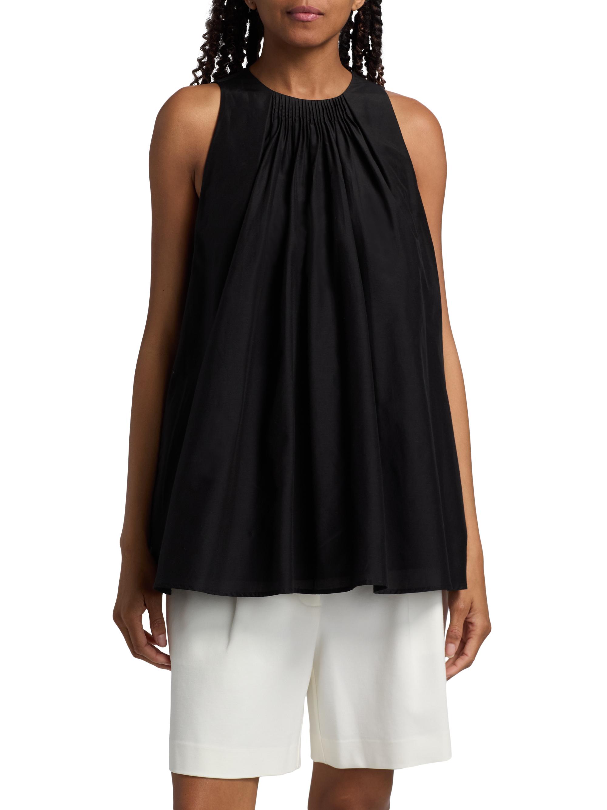 Loulou de Saison Women's Liao Cotton-Silk Pleated Neckline Blouse - Black | Thumbnail 3