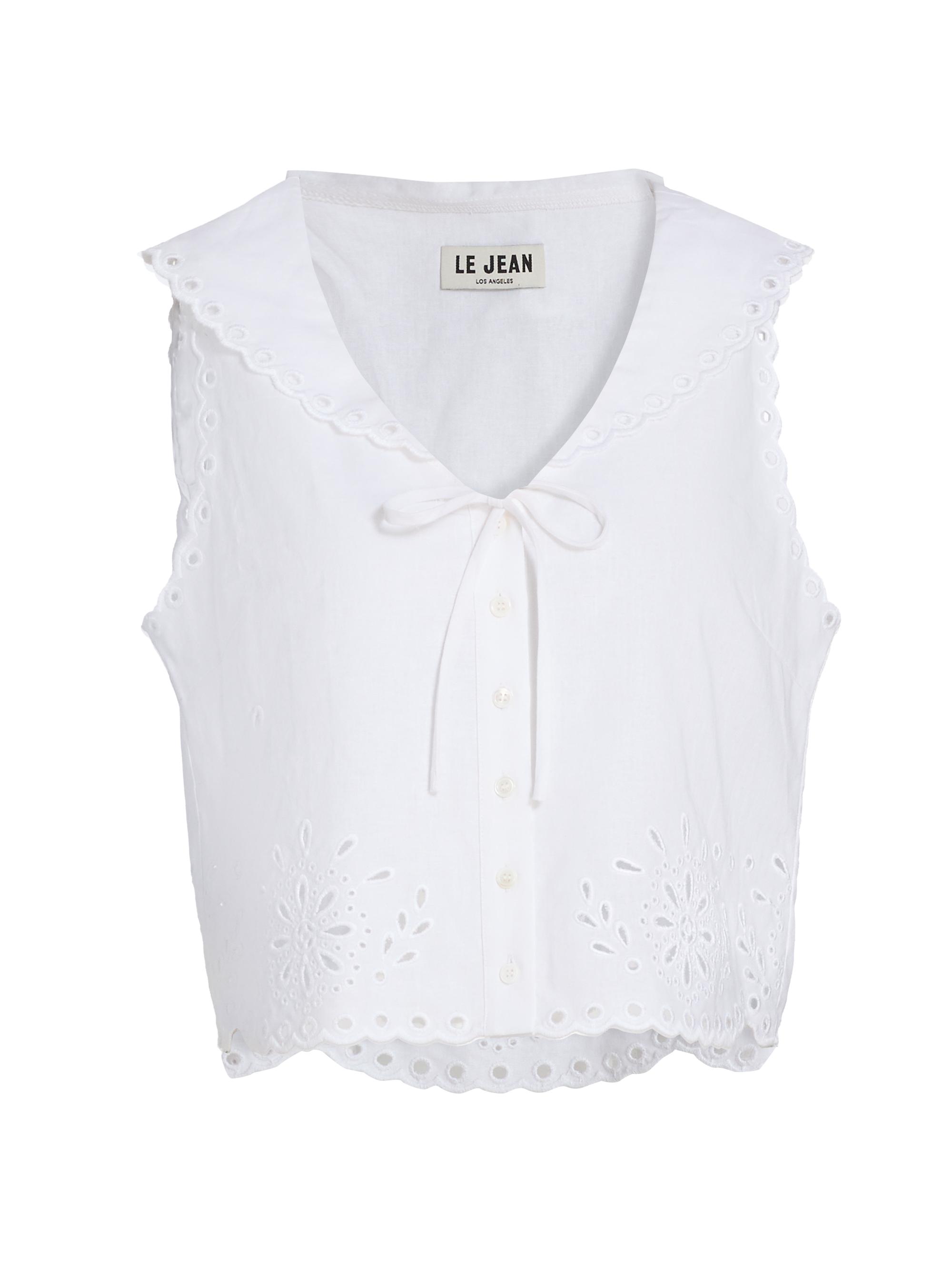 Le Jean Women's Embroidered Eyelet Linen Sailor Top - White