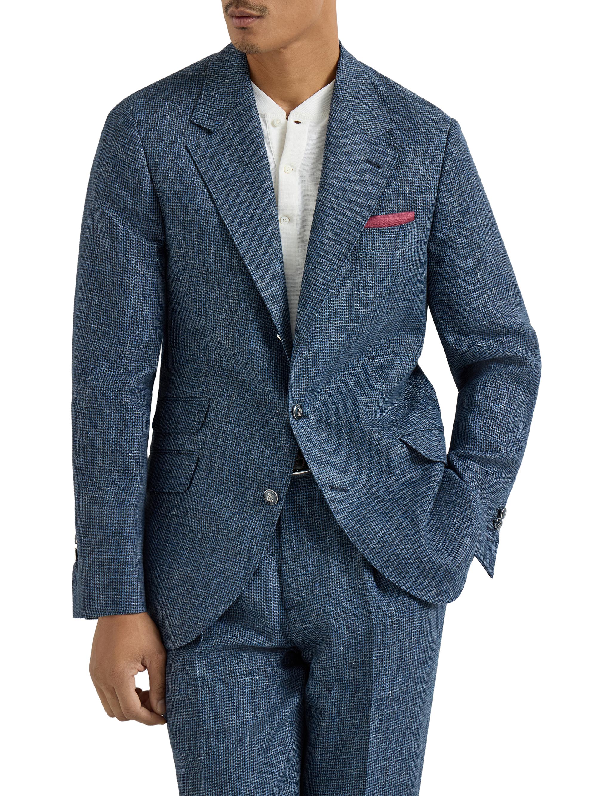 Brunello Cucinelli Men's Linen Houndstooth Deconstructed Cavallo Blazer with Metal Buttons - Denim