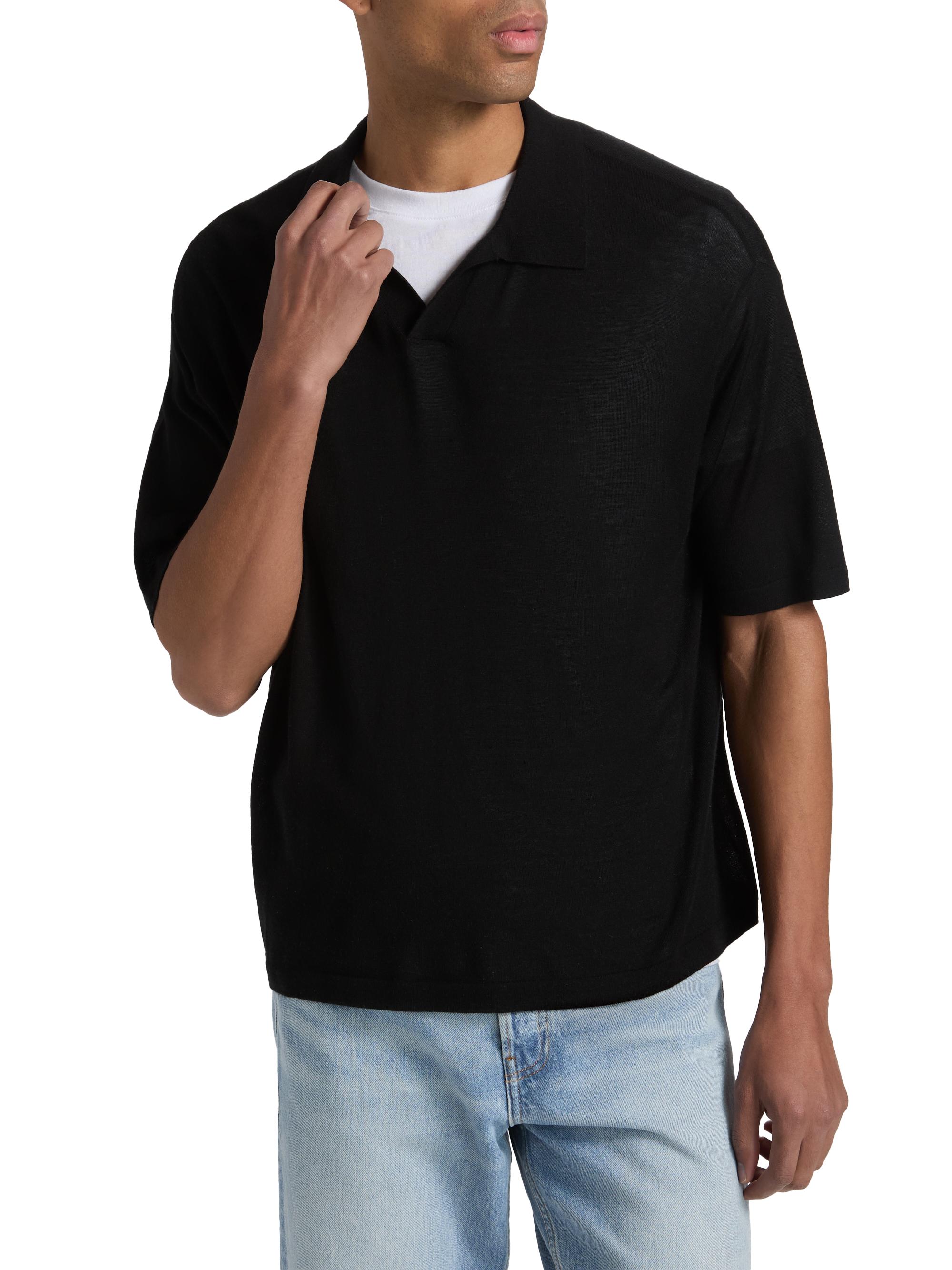 FRAME Men's Superfine Wool-Cashmere Short-Sleeve Polo Sweater - Black | Thumbnail 3