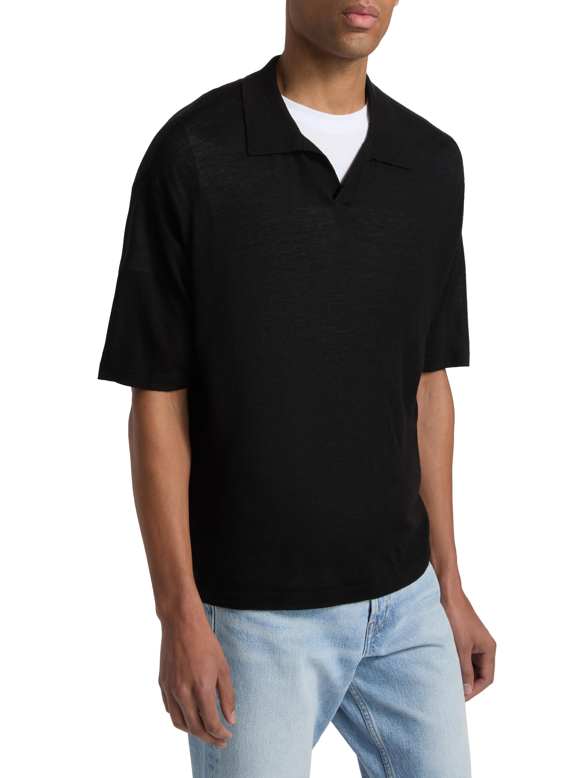 FRAME Men's Superfine Wool-Cashmere Short-Sleeve Polo Sweater - Black | Thumbnail 4