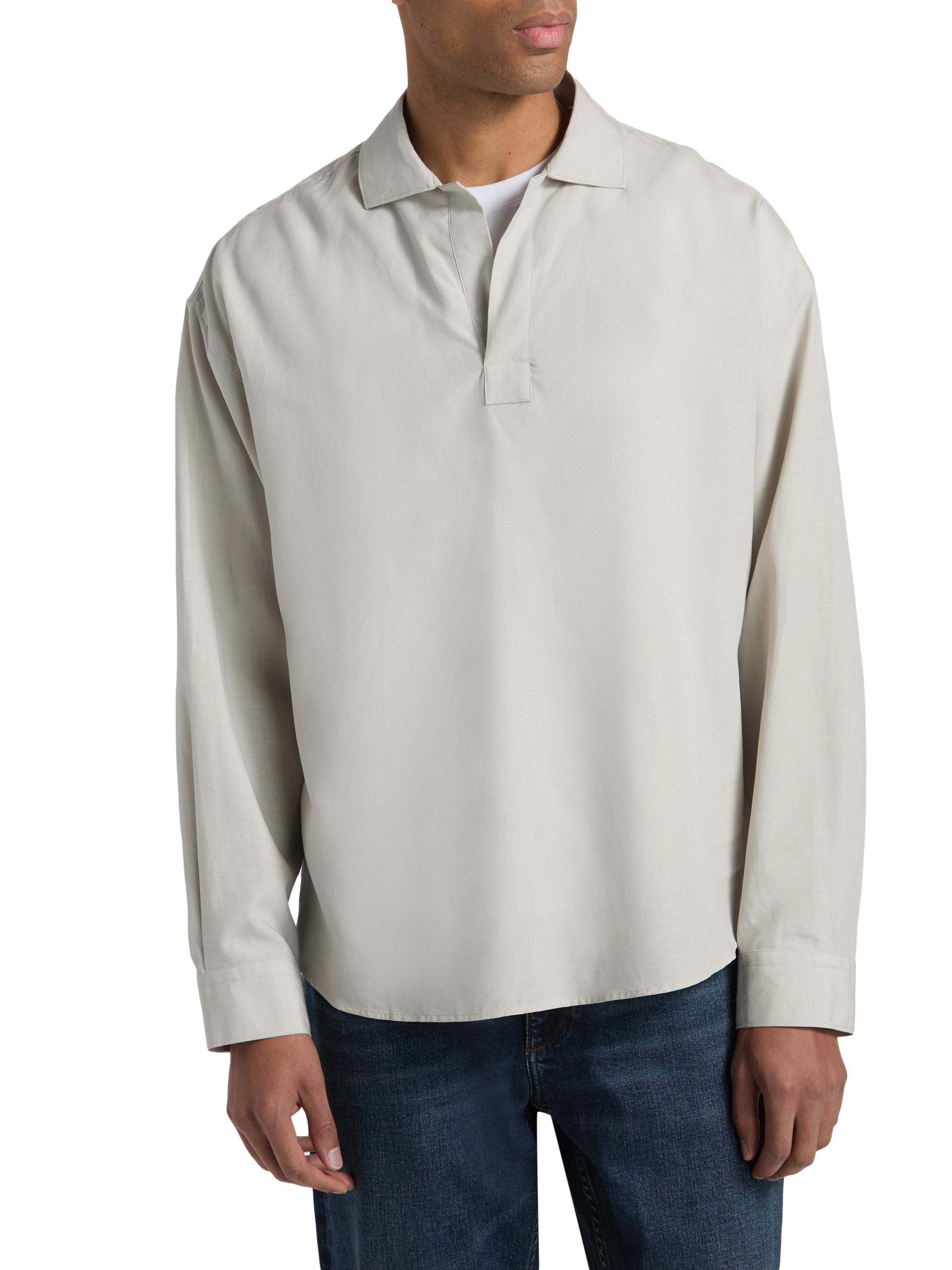 FRAME Men's Linen Long-Sleeve Polo Shirt - Dusty Beige | Thumbnail 3